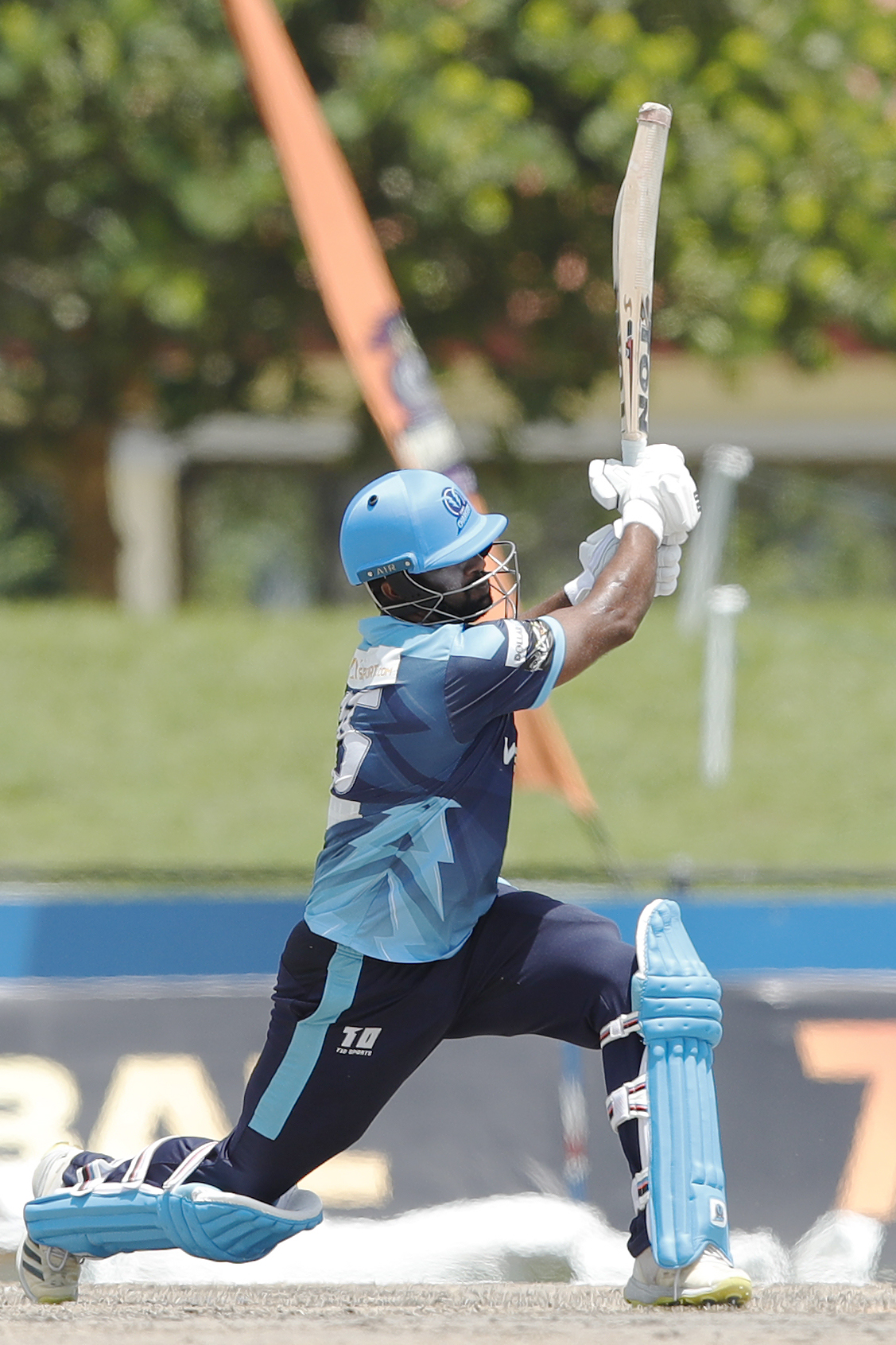 Mukhtar Ahmed of Texas Chargers hitting a four during match 11 of the US Masters T10 League between the Texas Chargers and the NJ Tritons at the Central Broward Park in Lauderhill, Florida on the 22nd August 2023 Photo by Saikat Das / ACEIMAGES for US Masters T10