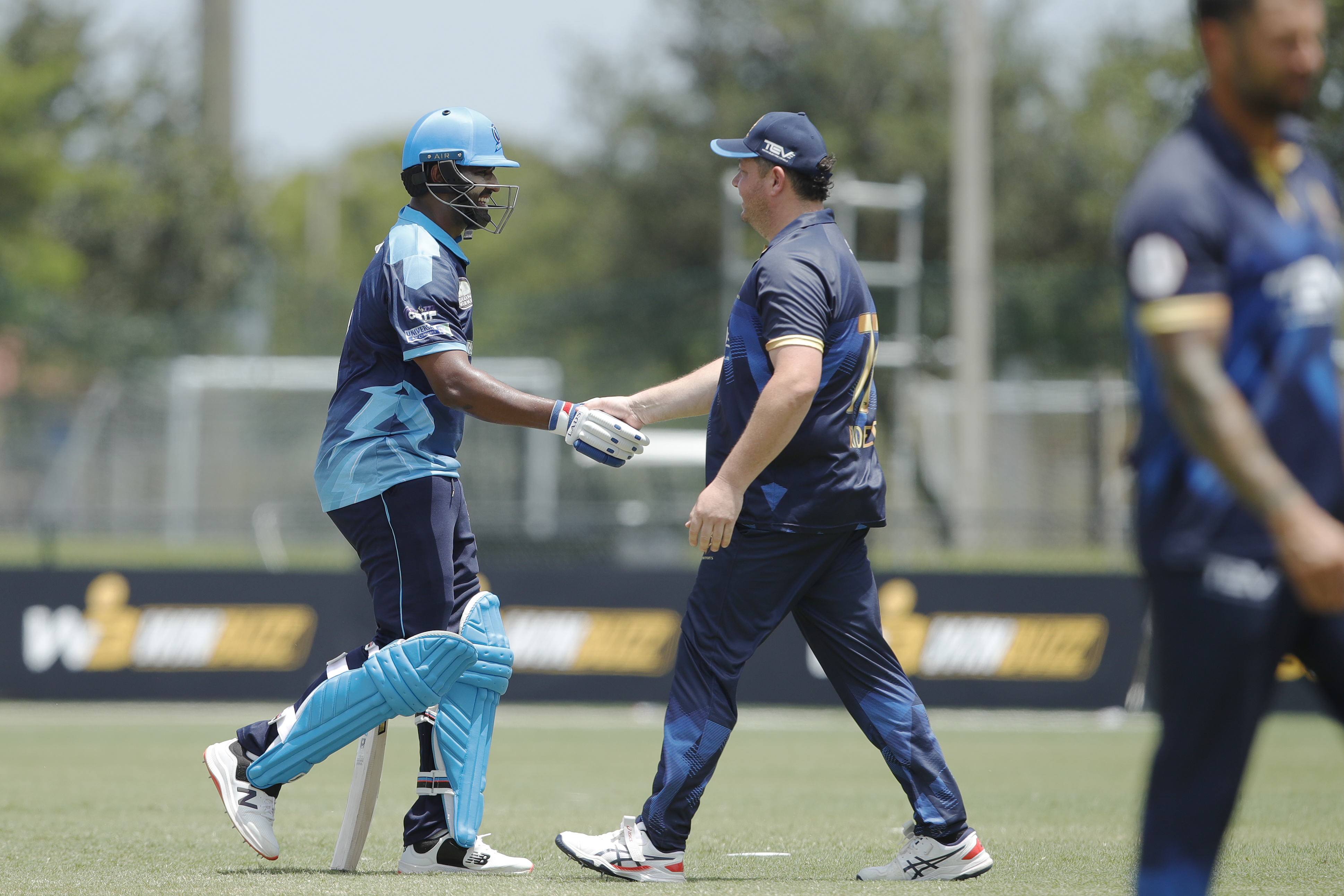 Texas Chargers celebrating win during match 11 of the US Masters T10 League between the Texas Chargers and the NJ Tritons at the Central Broward Park in Lauderhill, Florida on the 22nd August 2023 Photo by Saikat Das / ACEIMAGES for US Masters T10
