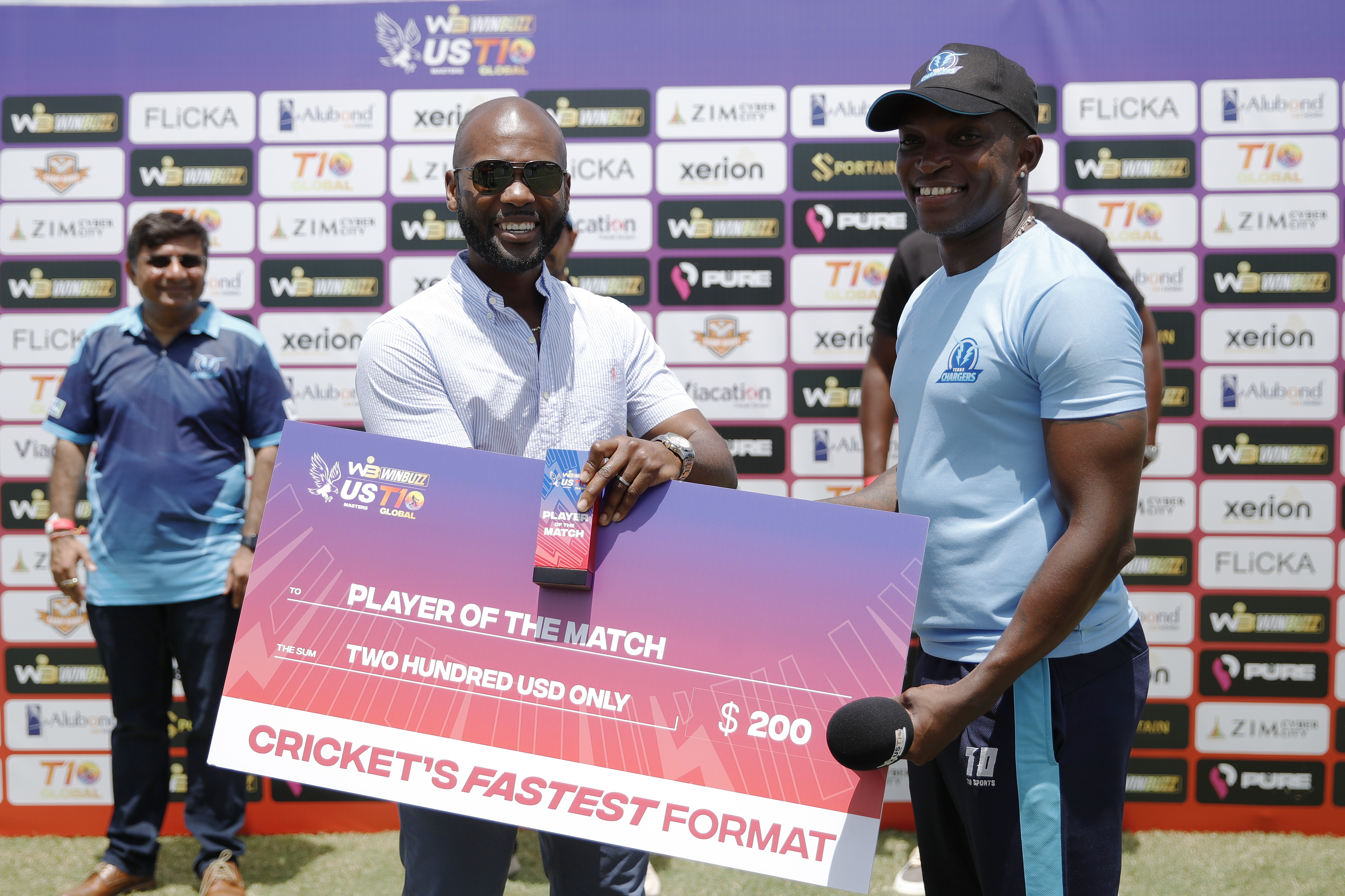 Fidel Edwards of Texas Chargers with Player of the Match award during match 11 of the US Masters T10 League between the Texas Chargers and the NJ Tritons at the Central Broward Park in Lauderhill, Florida on the 22nd August 2023 Photo by Saikat Das / ACEIMAGES for US Masters T10