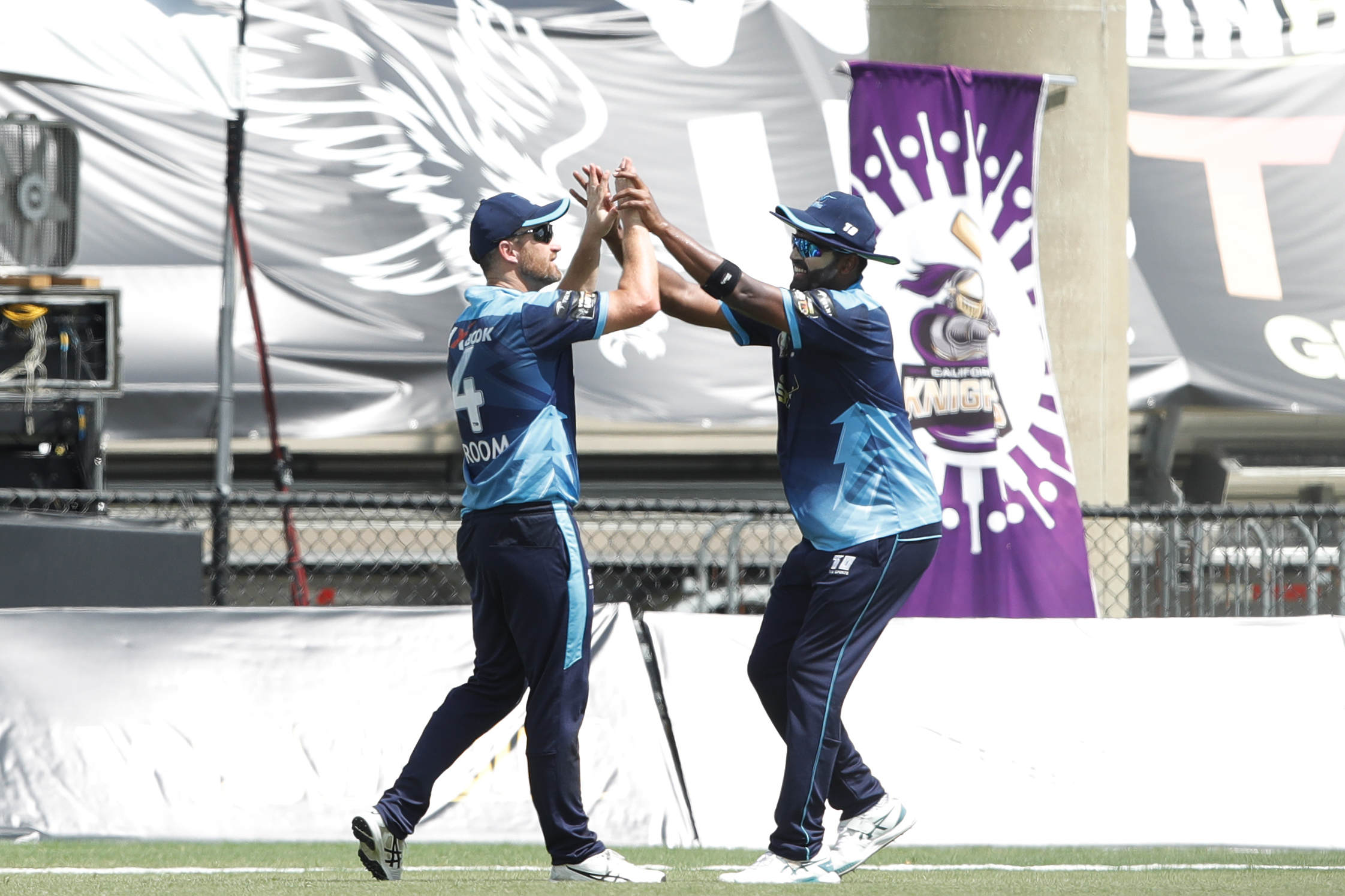 Neil Broom of Texas Chargers celebrating the wicket during match 13 of the US Masters T10 League between the Morrisville Unity and the Texas Chargers at the Central Broward Park in Lauderhill, Florida on the 23rd August 2023 Photo by Saikat Das / ACEIMAGES for US Masters T10