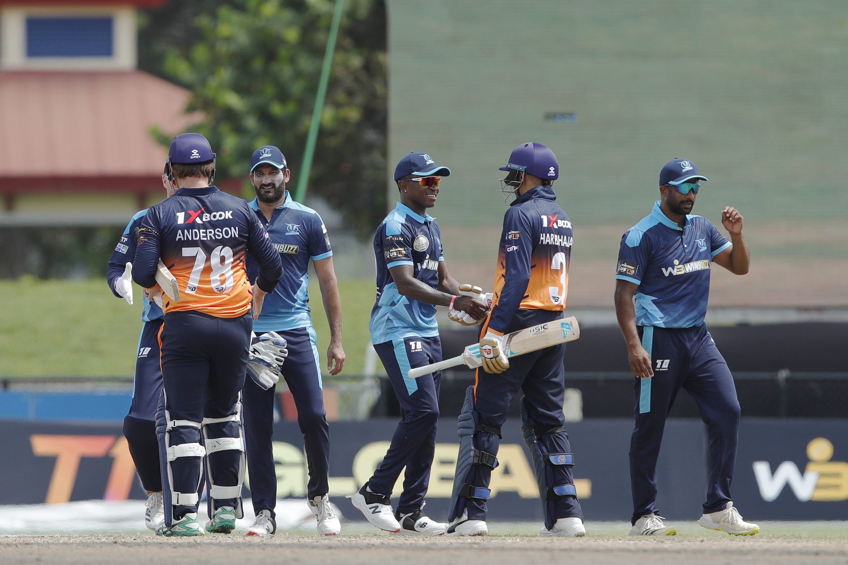Texas Chargers celebrating win during match 13 of the US Masters T10 League between the Morrisville Unity and the Texas Chargers at the Central Broward Park in Lauderhill, Florida on the 23rd August 2023 Photo by Saikat Das / ACEIMAGES for US Masters T10
