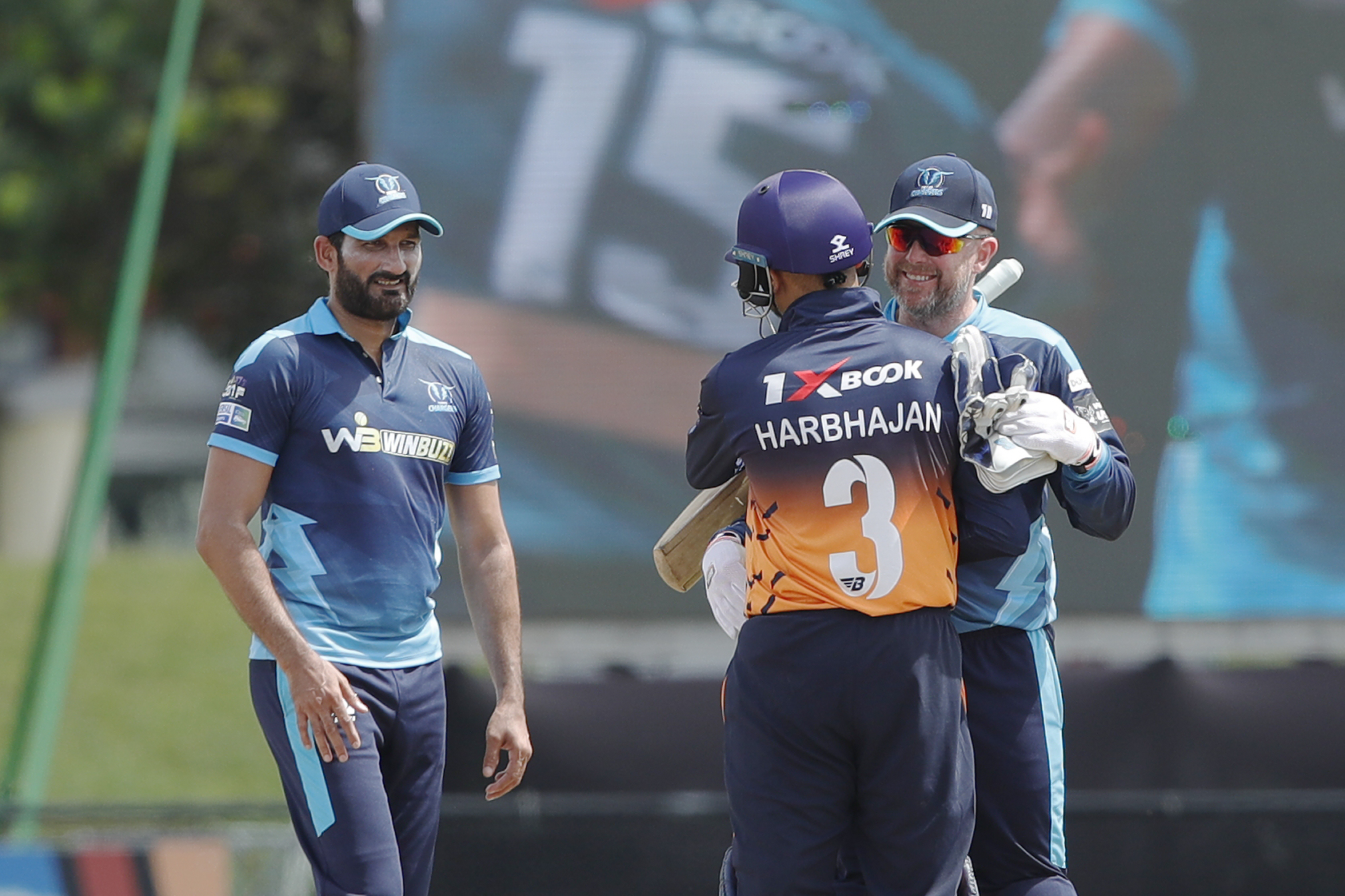 Texas Chargers celebrating win during match 13 of the US Masters T10 League between the Morrisville Unity and the Texas Chargers at the Central Broward Park in Lauderhill, Florida on the 23rd August 2023 Photo by Saikat Das / ACEIMAGES for US Masters T10
