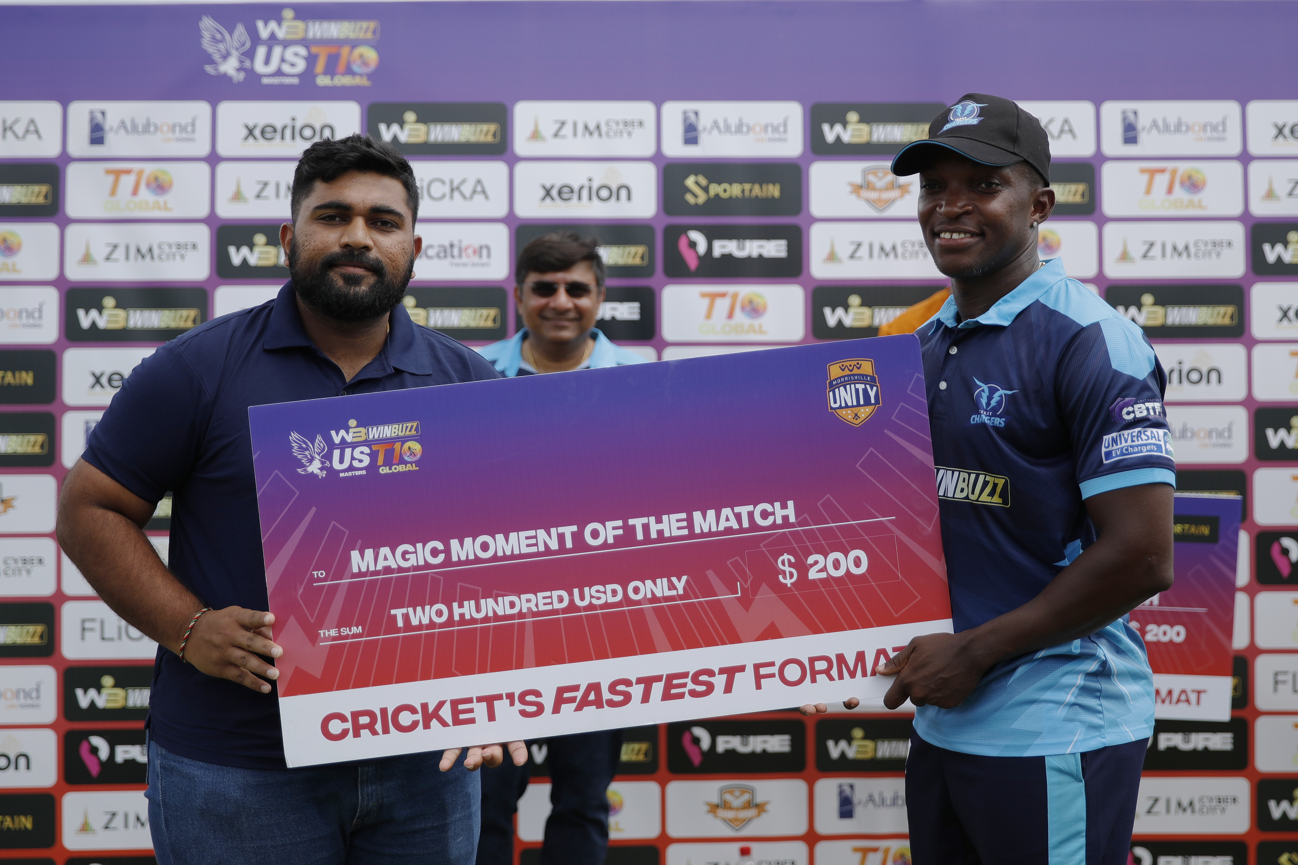 Fidel Edwards of Texas Chargers with Magic Moment of the Mach award during match 13 of the US Masters T10 League between the Morrisville Unity and the Texas Chargers at the Central Broward Park in Lauderhill, Florida on the 23rd August 2023 Photo by Saikat Das / ACEIMAGES for US Masters T10