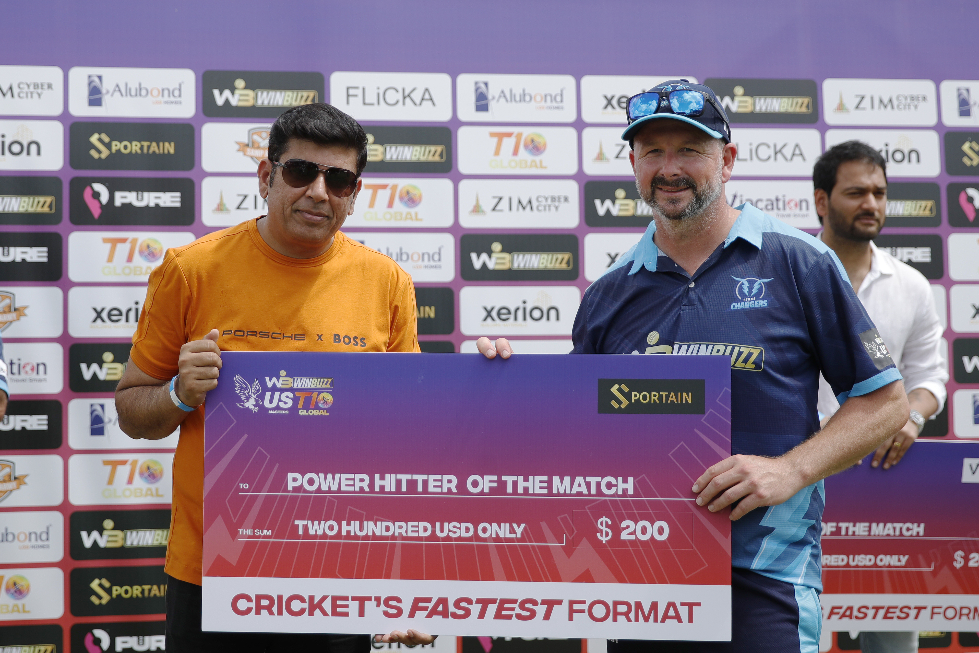 Ben Dunk of Texas Chargers with Power Hitter of the Match award during match 13 of the US Masters T10 League between the Morrisville Unity and the Texas Chargers at the Central Broward Park in Lauderhill, Florida on the 23rd August 2023 Photo by Saikat Das / ACEIMAGES for US Masters T10