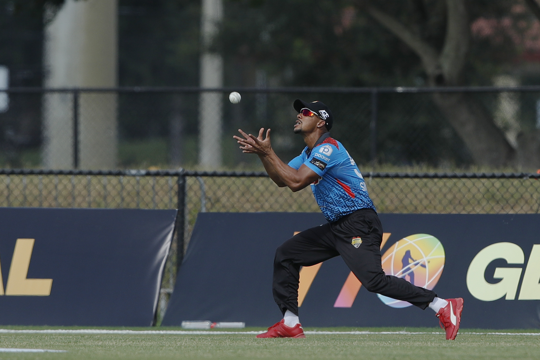 L Simmons of Atlanta Riders taking a catch during match 15 of the US Masters T10 League between the Atlanta Riders and the NJ Tritons at the Central Broward Park in Lauderhill, Florida on the 23rd August 2023 Photo by Saikat Das / ACEIMAGES for US Masters T10
