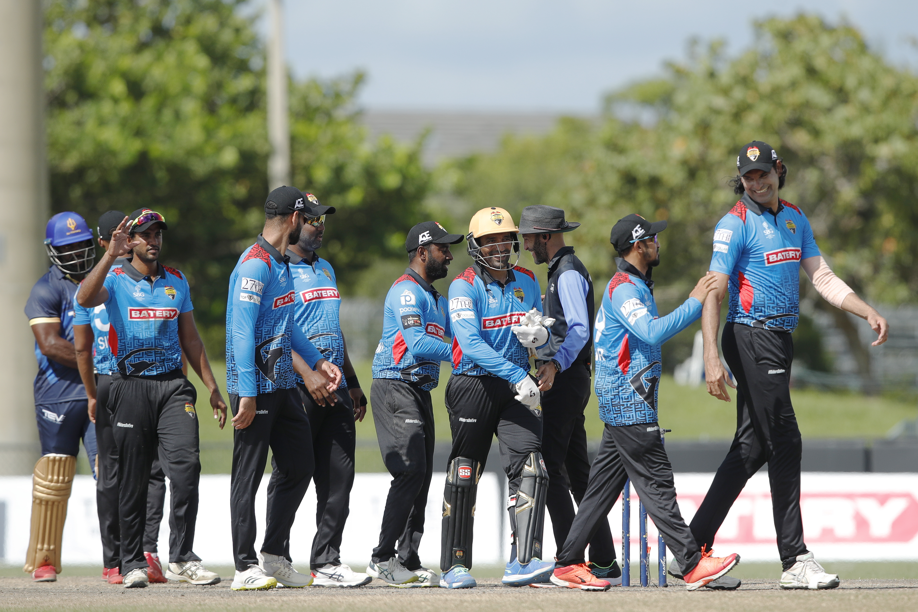 Atlanta Riders celebrating win during match 15 of the US Masters T10 League between the Atlanta Riders and the NJ Tritons at the Central Broward Park in Lauderhill, Florida on the 23rd August 2023 Photo by Saikat Das / ACEIMAGES for US Masters T10