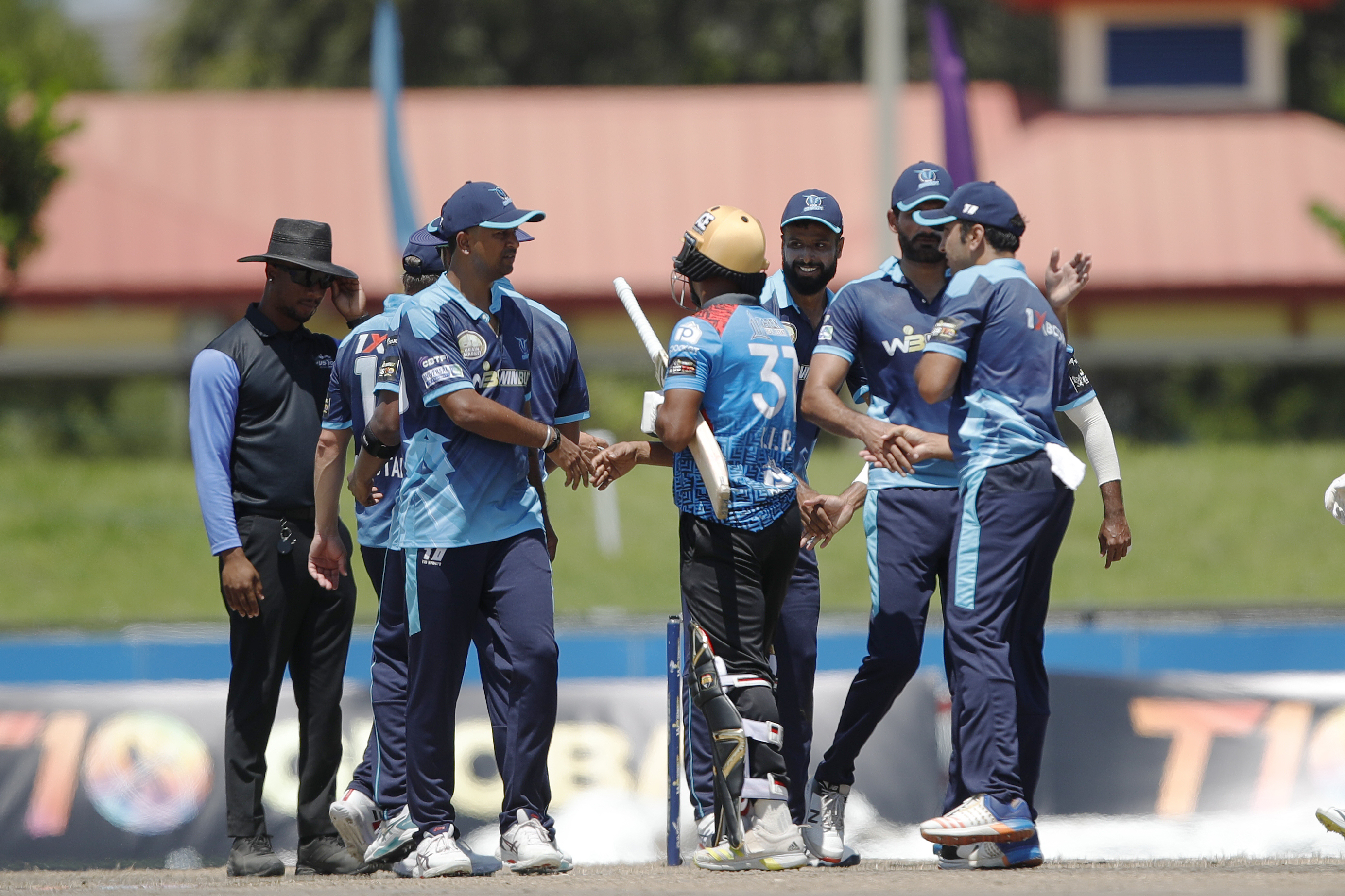 Texas Chargers celebrating win during match 20 of the US Masters T10 League between the Texas Chargers and the Atlanta Riders at the Central Broward Park in Lauderhill, Florida on the 25th August 2023 Photo by Saikat Das / ACEIMAGES for US Masters T10