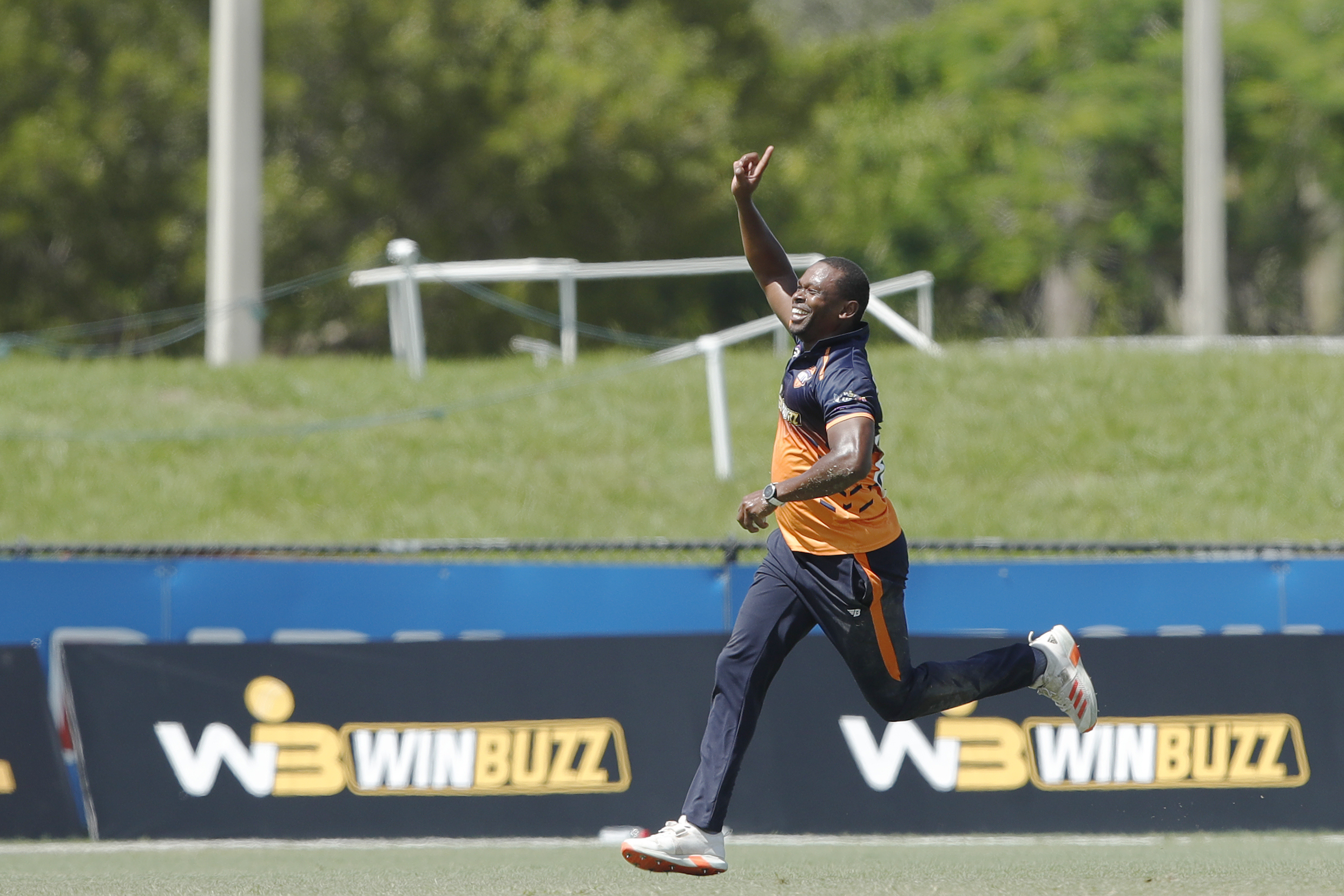 Navin Stewart of Morrisville Unity celebrating the wicket during match 21 of the US Masters T10 League between the New York Warriors and the Morrisville Unity at the Central Broward Park in Lauderhill, Florida on the 25th August 2023 Photo by Saikat Das / ACEIMAGES for US Masters T10