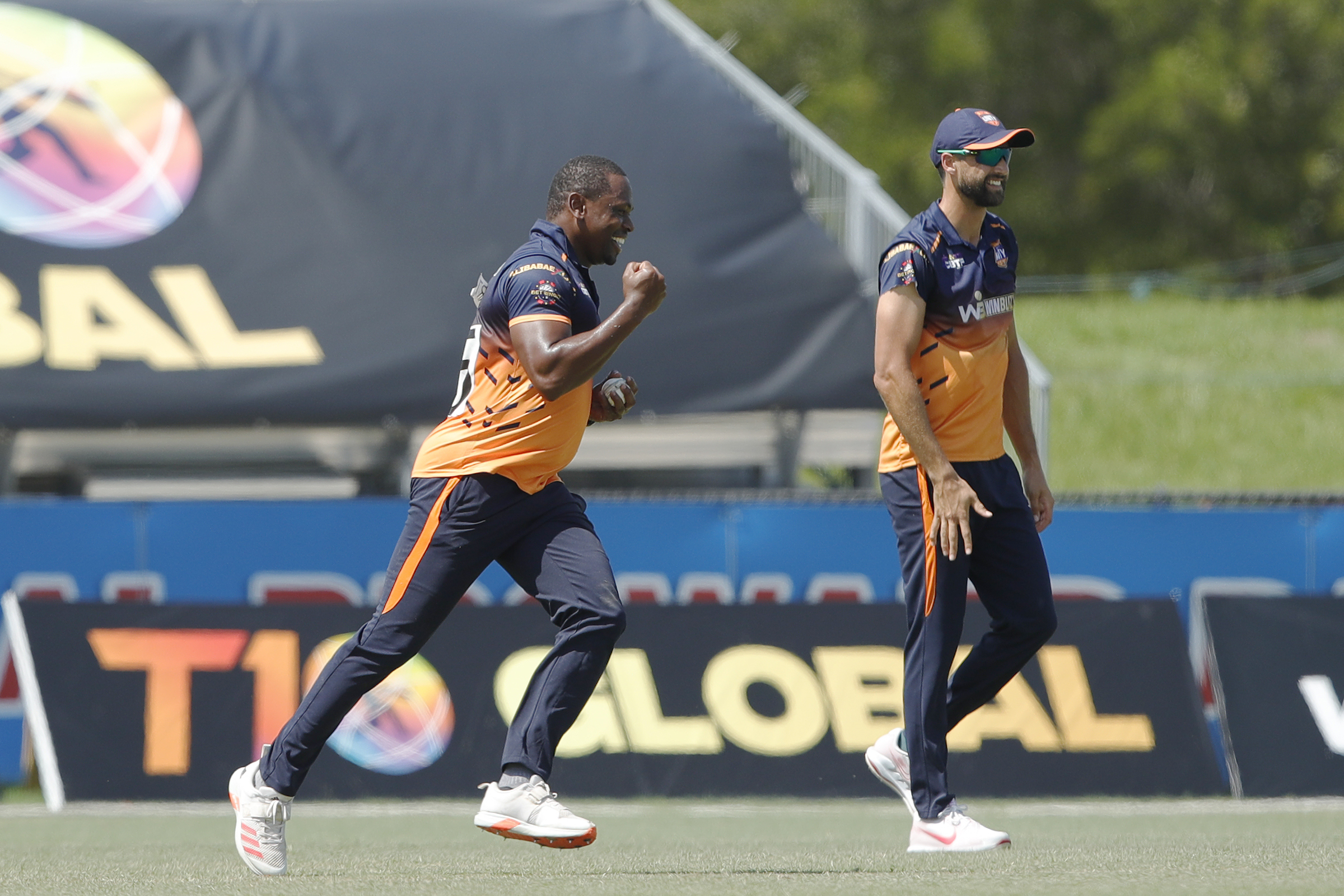 Navin Stewart of Morrisville Unity celebrating the wicket during match 21 of the US Masters T10 League between the New York Warriors and the Morrisville Unity at the Central Broward Park in Lauderhill, Florida on the 25th August 2023 Photo by Saikat Das / ACEIMAGES for US Masters T10