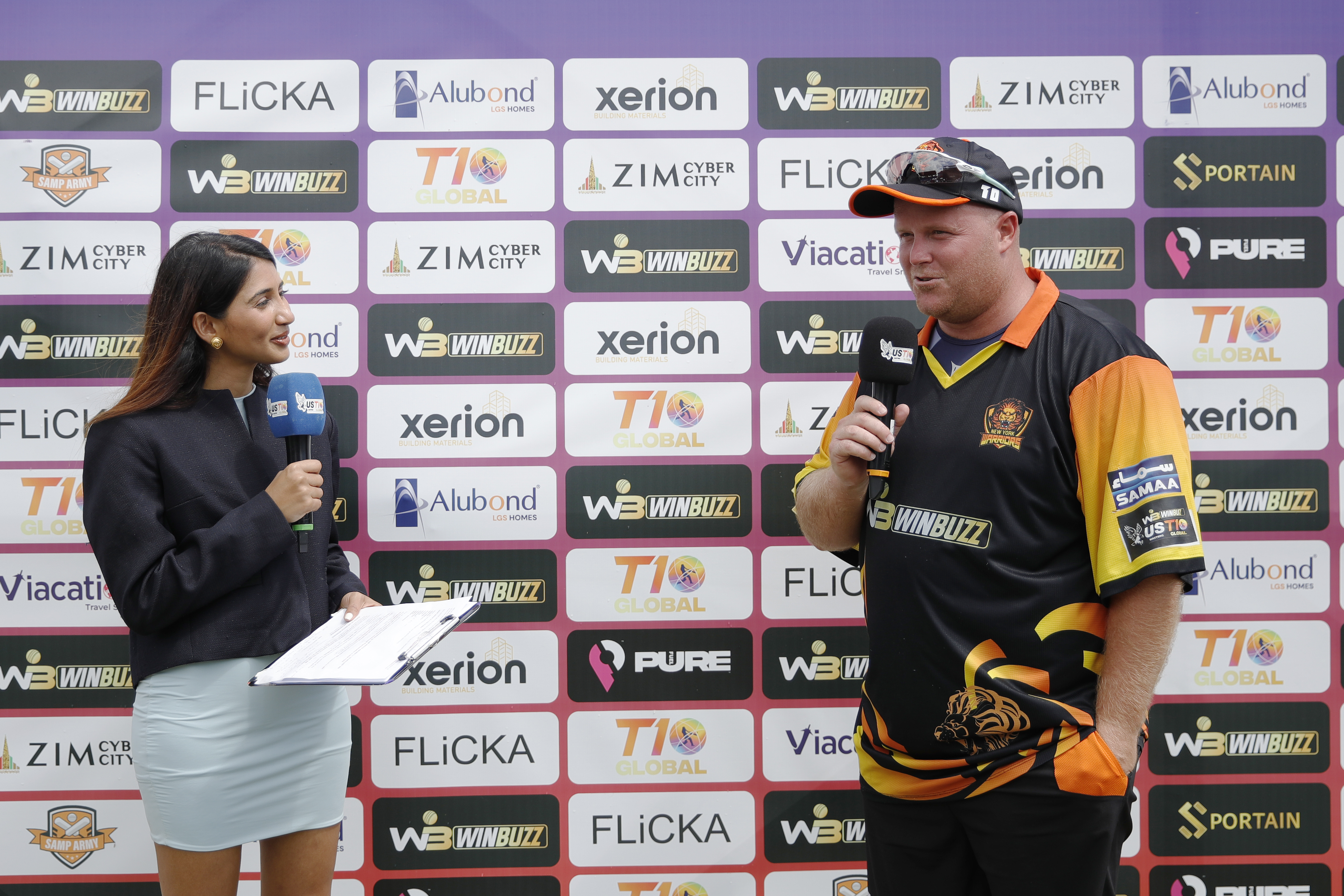 Richard Ernst Chad Levi of New York Warriors at tv interview during match 22, Qualifier 1 of the US Masters T10 League between the New York Warriors and the California Knights at the Central Broward Park in Lauderhill, Florida on the 26th August 2023 Photo by Saikat Das / ACEIMAGES for US Masters T10