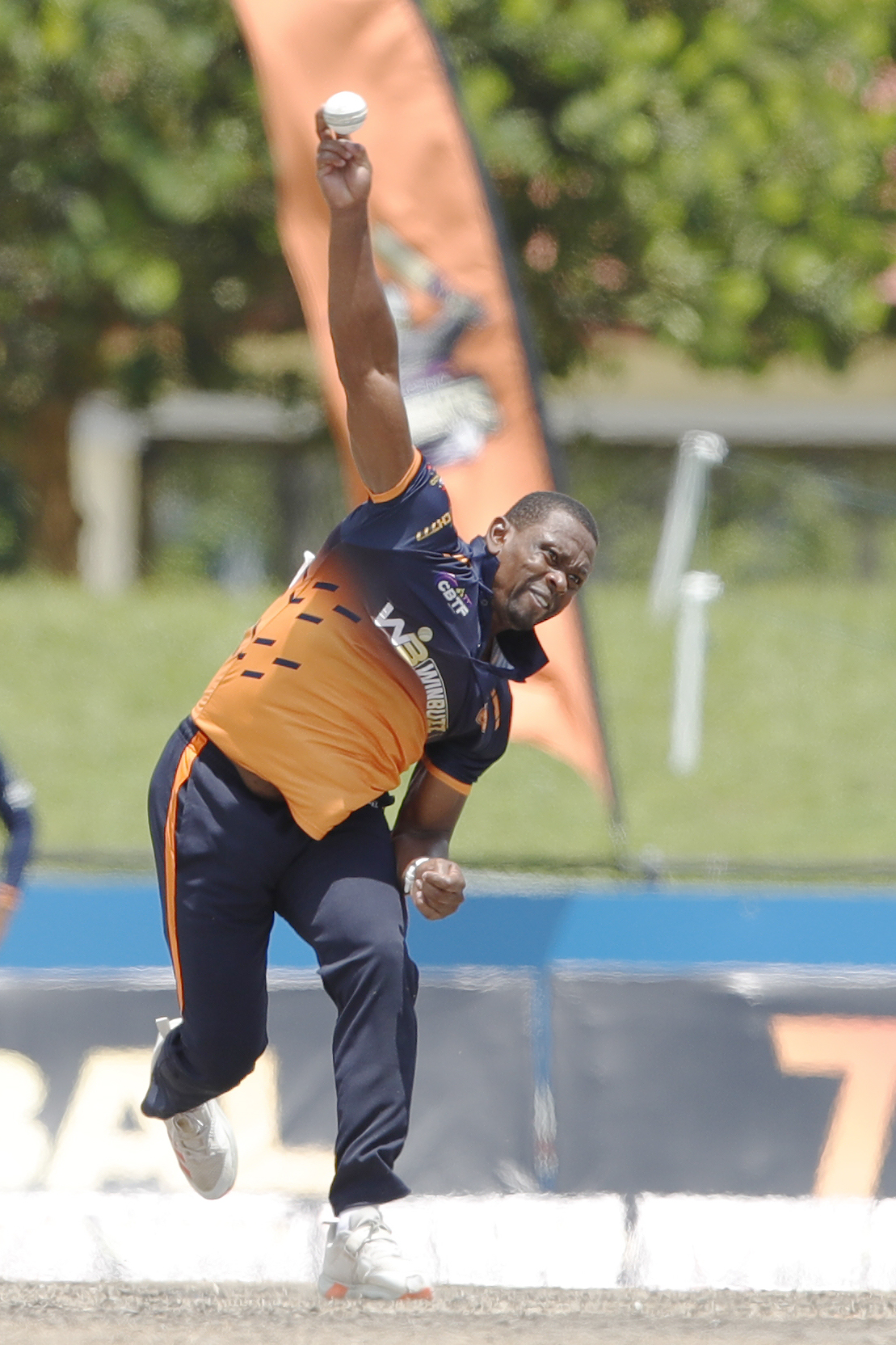 Navin Stewart of Morrisville Unity bowling  during match 23, Eliminator 1 of the US Masters T10 League between the Texas Chargers and the Morrisville Unity at the Central Broward Park in Lauderhill, Florida on the 26th August 2023 Photo by Saikat Das / ACEIMAGES for US Masters T10