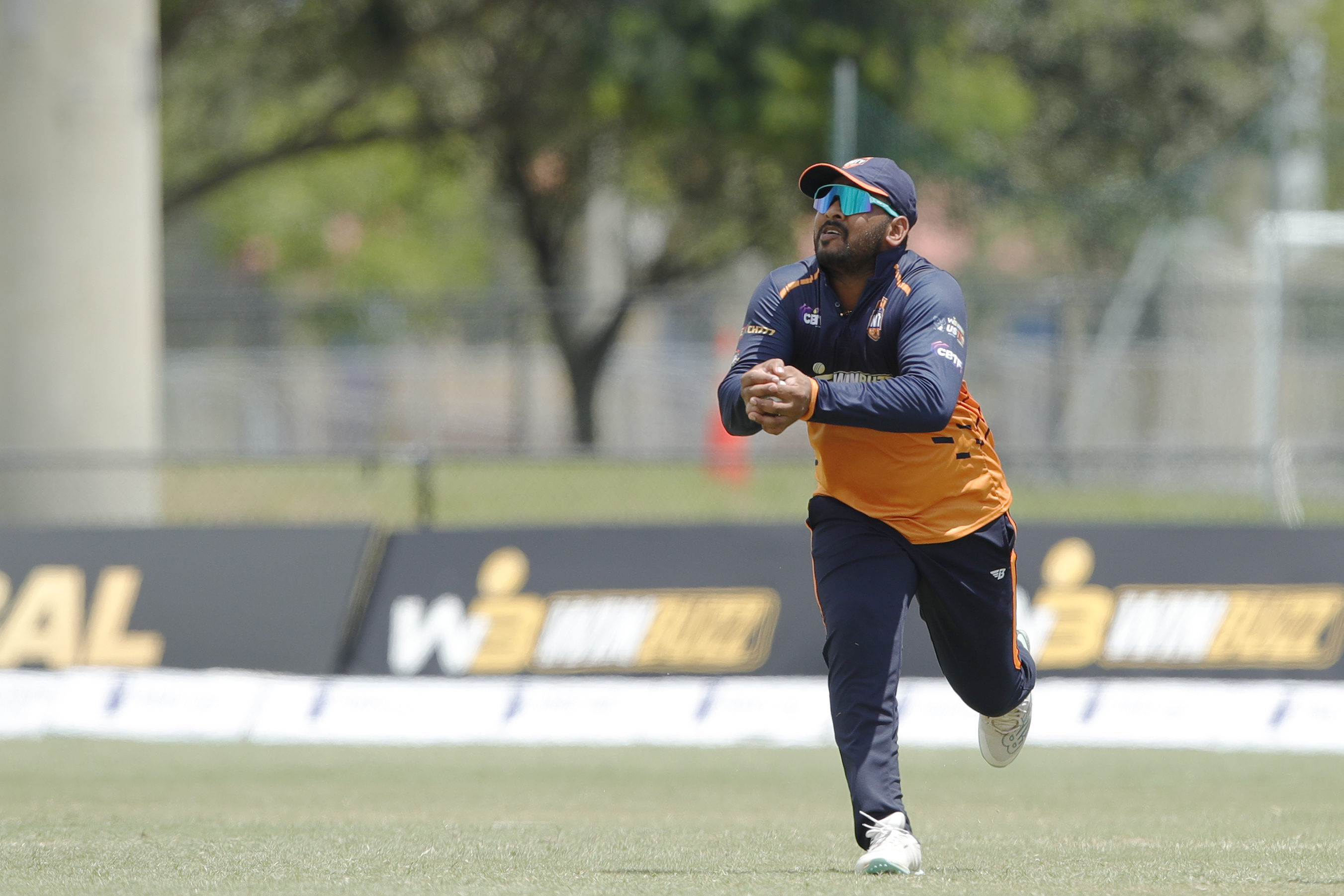 Shehan Jayasuriya of Morrisville Unity taking a catch of Mohammad Hafeez of Texas Chargers  during match 23, Eliminator 1 of the US Masters T10 League between the Texas Chargers and the Morrisville Unity at the Central Broward Park in Lauderhill, Florida on the 26th August 2023 Photo by Saikat Das / ACEIMAGES for US Masters T10