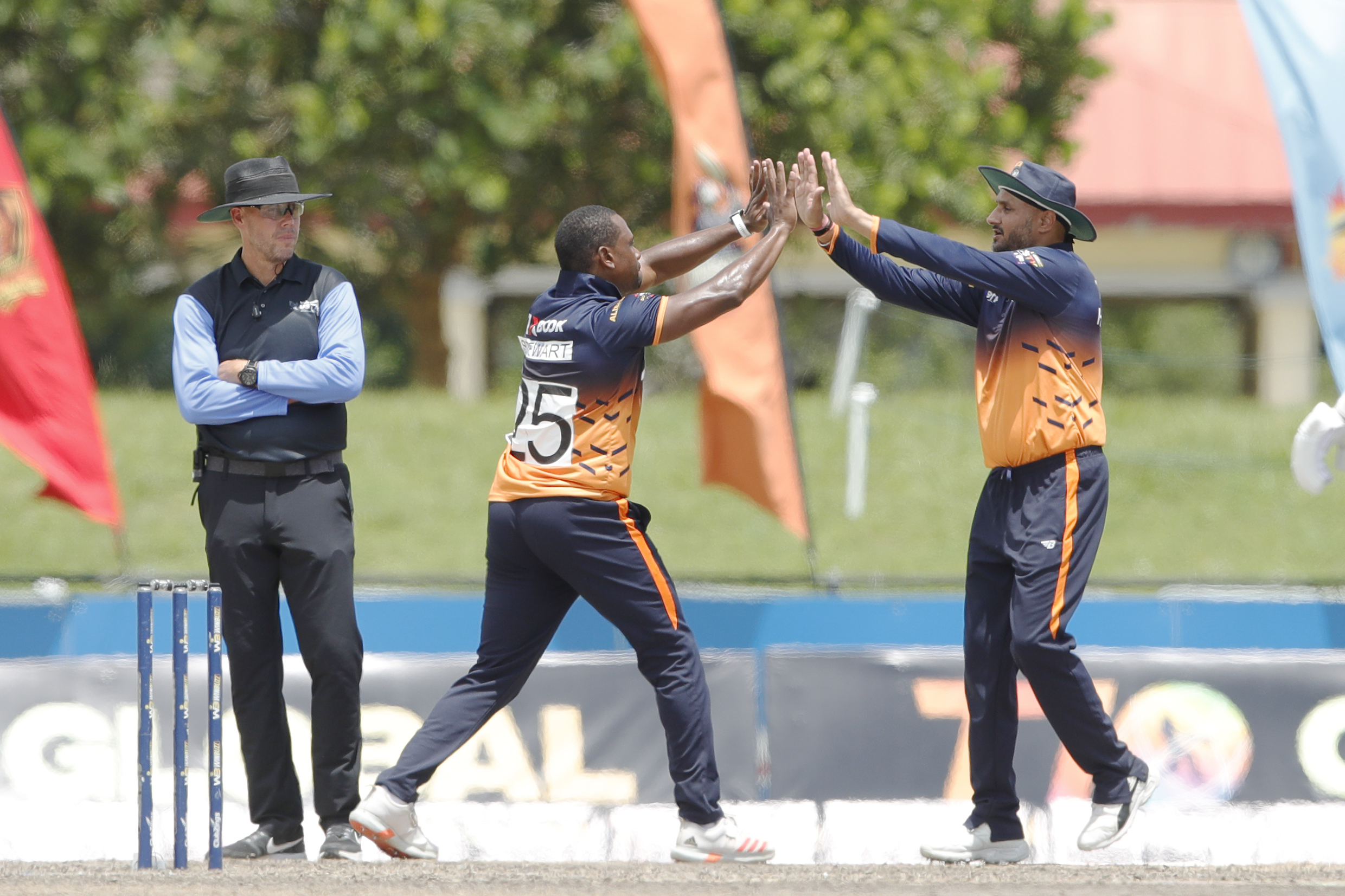 Navin Stewart of Morrisville Unity celebrating the wicket  during match 23, Eliminator 1 of the US Masters T10 League between the Texas Chargers and the Morrisville Unity at the Central Broward Park in Lauderhill, Florida on the 26th August 2023 Photo by Saikat Das / ACEIMAGES for US Masters T10