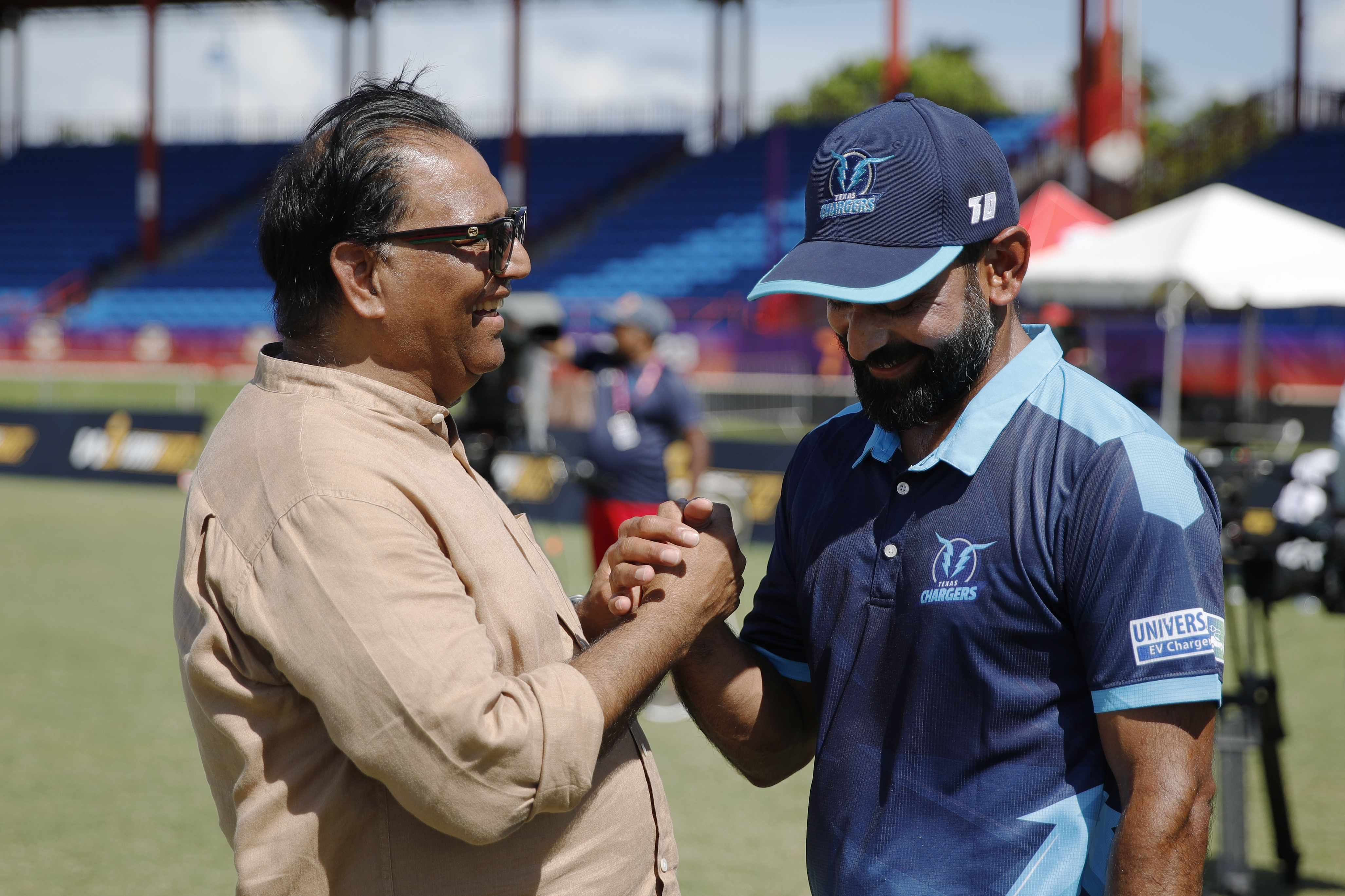 Nawab Shaji Ul Mulk The Founder & Chairman of T Ten Sports Management & T Ten Global Sportsand Mohammad Hafeez of Texas Chargers  during match 24, Qualifier 2 of the US Masters T10 League between the Texas Chargers and the California Knights at the Central Broward Park in Lauderhill, Florida on the 26th August 2023 Photo by Saikat Das / ACEIMAGES for US Masters T10