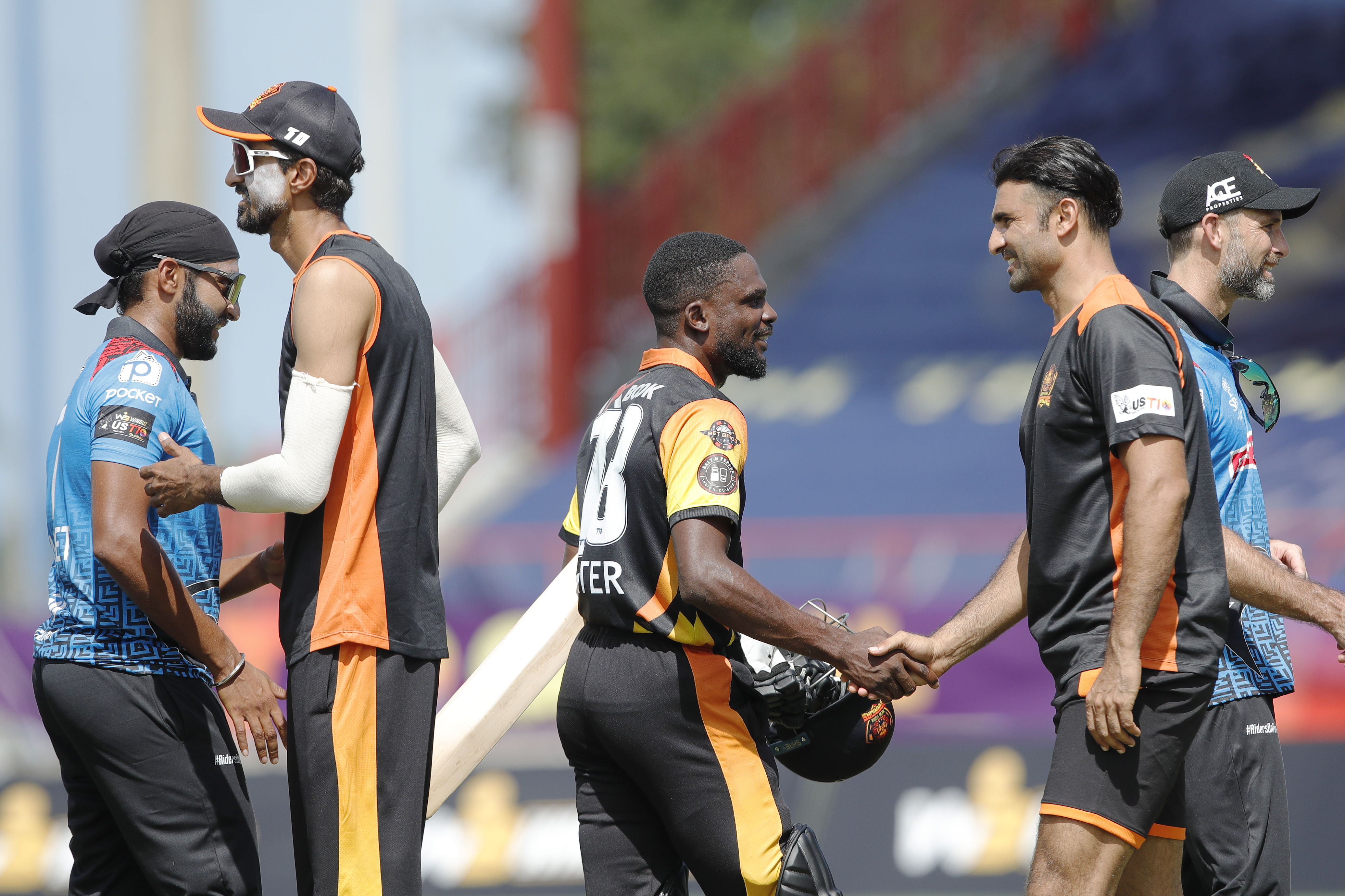 New York Warriors celebrating win during match 5 (rescheduled) of the US Masters T10 League between the Atlanta Riders and the New York Warriors at the Central Broward Park in Lauderhill, Florida on the 21st August 2023 Photo by Saikat Das / ACEIMAGES for US Masters T10