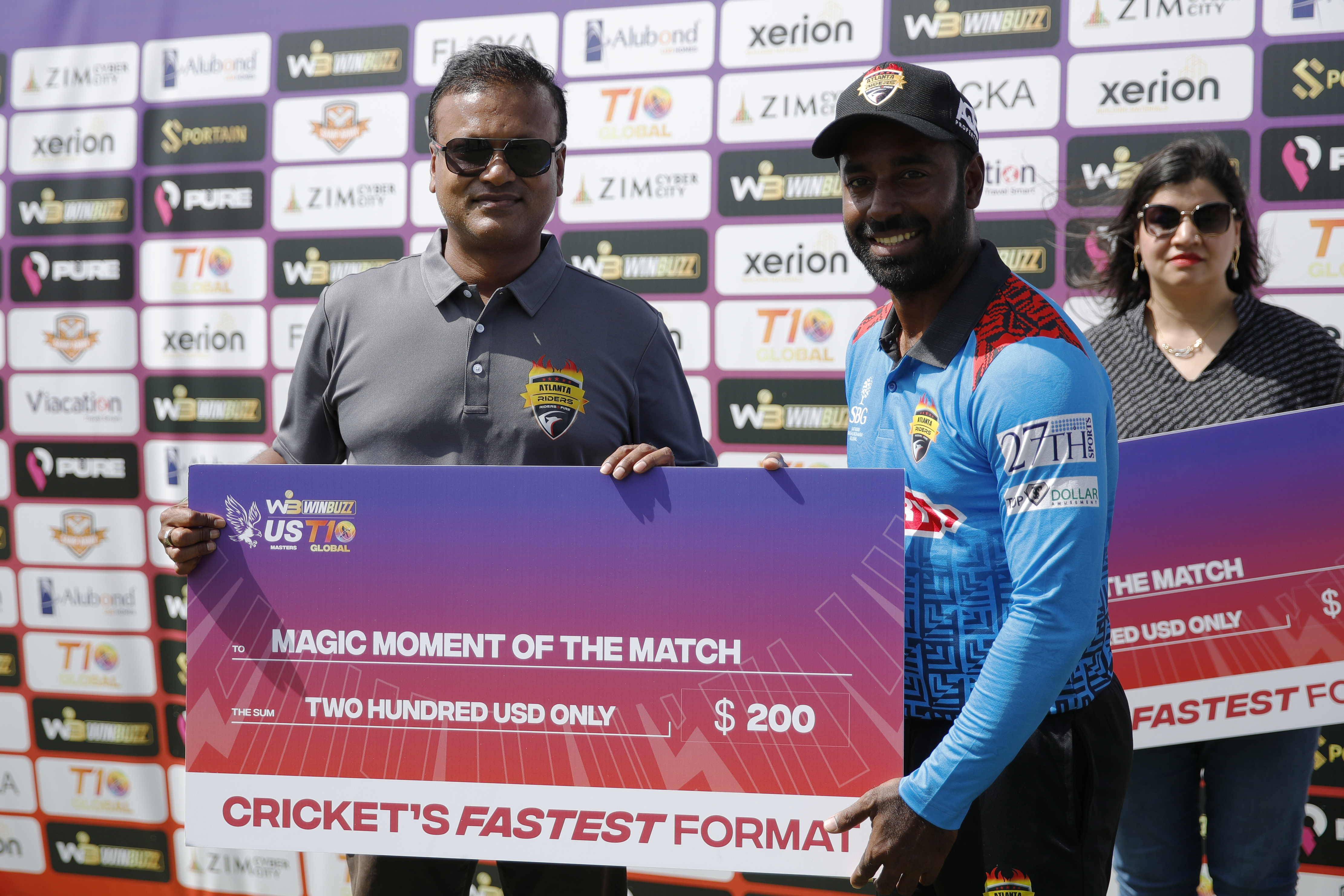 M Elias Sunny of Atlanta Riders with Magic Moment of the Mach award during match 5 (rescheduled) of the US Masters T10 League between the Atlanta Riders and the New York Warriors at the Central Broward Park in Lauderhill, Florida on the 21st August 2023 Photo by Saikat Das / ACEIMAGES for US Masters T10