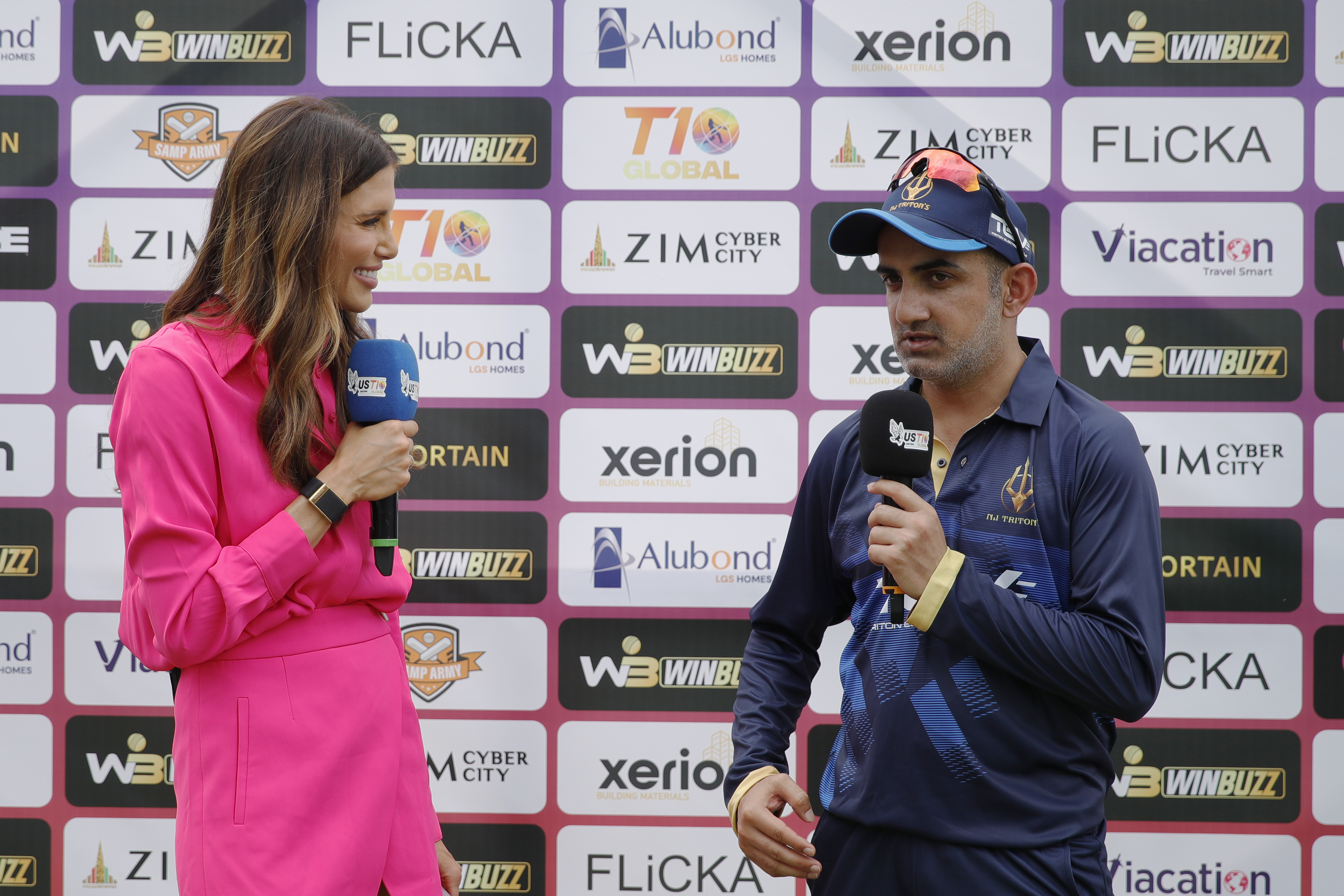 Gautam Gambhir (c) of NJ Tritons at tv interview during match 9 of the US Masters T10 League between the NJ Tritons and theNew York Warriors at the Central Broward Park in Lauderhill, Florida on the 20 August 2023Photo by Saikat Das / ACEIMAGES for US Masters T10
