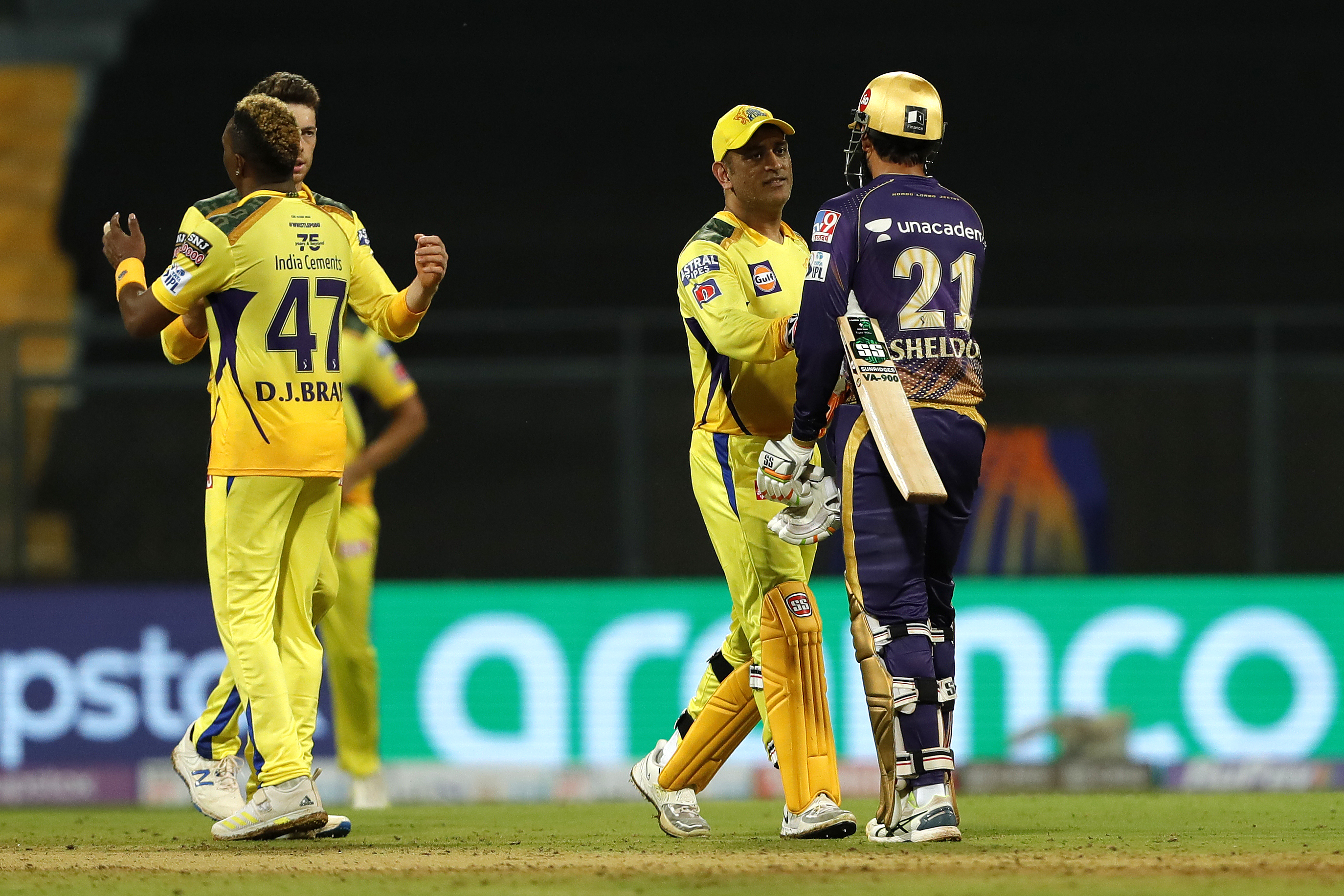 Kolkata Knight Riders and Chennai Superkings players shaking hands after winning the match during match 1 of the TATA Indian Premier League 2022 (IPL season 15) between the Chennai Superkings and the Kolkata Knight Riders held at the Wankhede stadium in Mumbai on the 26th March 2022Photo by Saikat Das / Sportzpics for IPL