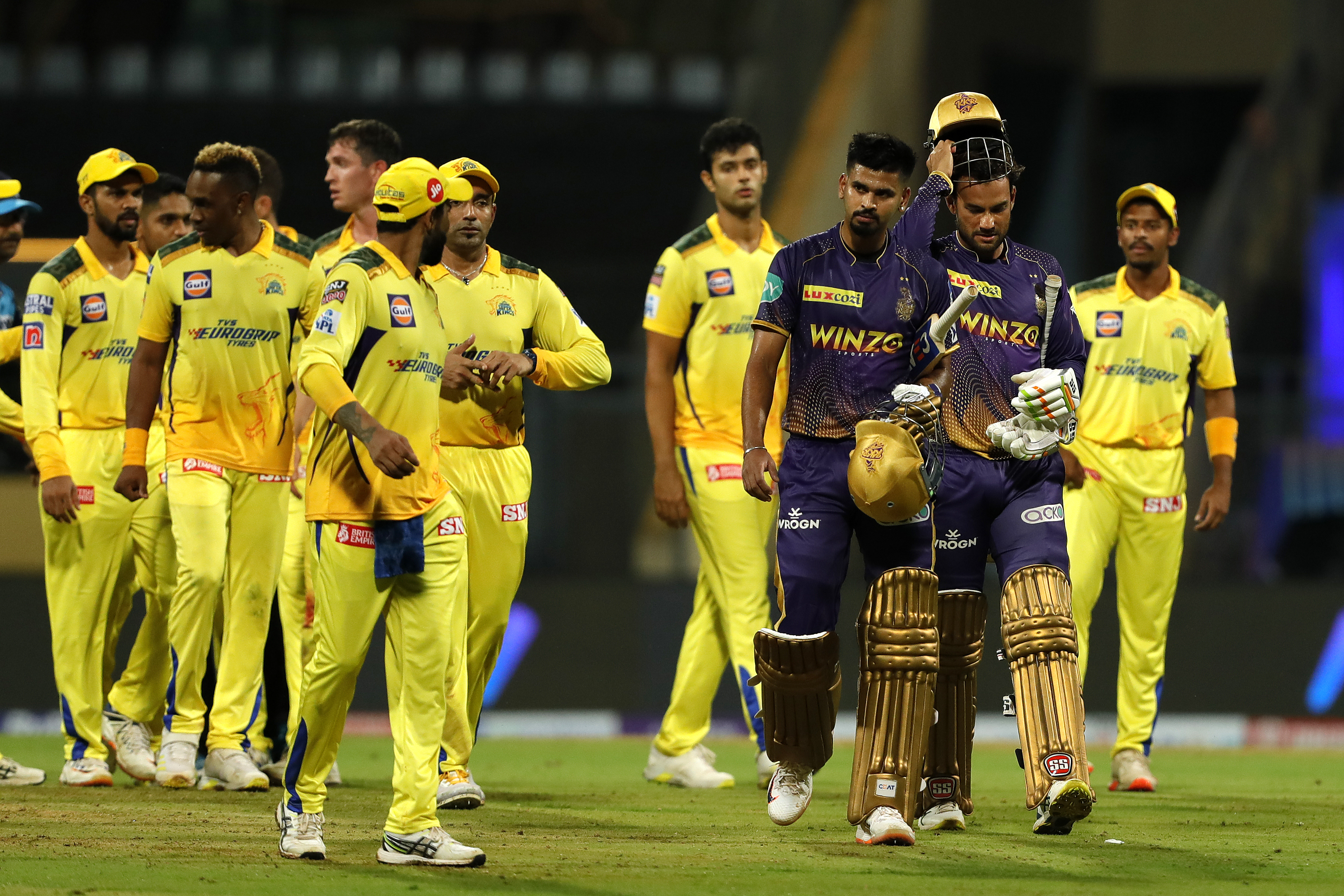 Kolkata Knight Riders and Chennai Superkings players shaking hands after winning the match during match 1 of the TATA Indian Premier League 2022 (IPL season 15) between the Chennai Superkings and the Kolkata Knight Riders held at the Wankhede stadium in Mumbai on the 26th March 2022Photo by Saikat Das / Sportzpics for IPL