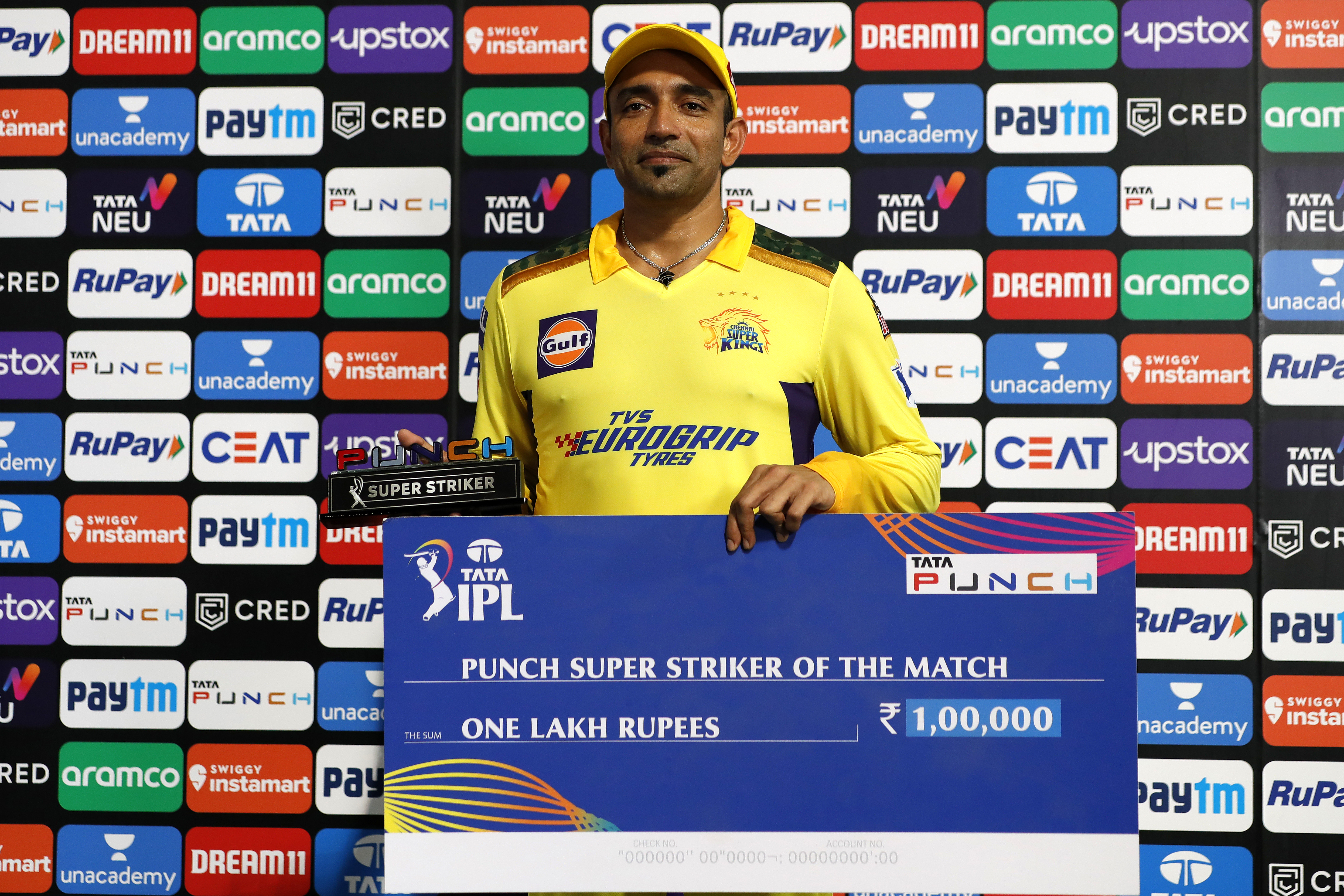 Robin Uthappa of the Chennai Superkings with Punch Super Striker of The Match award during match 1 of the TATA Indian Premier League 2022 (IPL season 15) between the Chennai Superkings and the Kolkata Knight Riders held at the Wankhede stadium in Mumbai on the 26th March 2022Photo by Saikat Das / Sportzpics for IPL