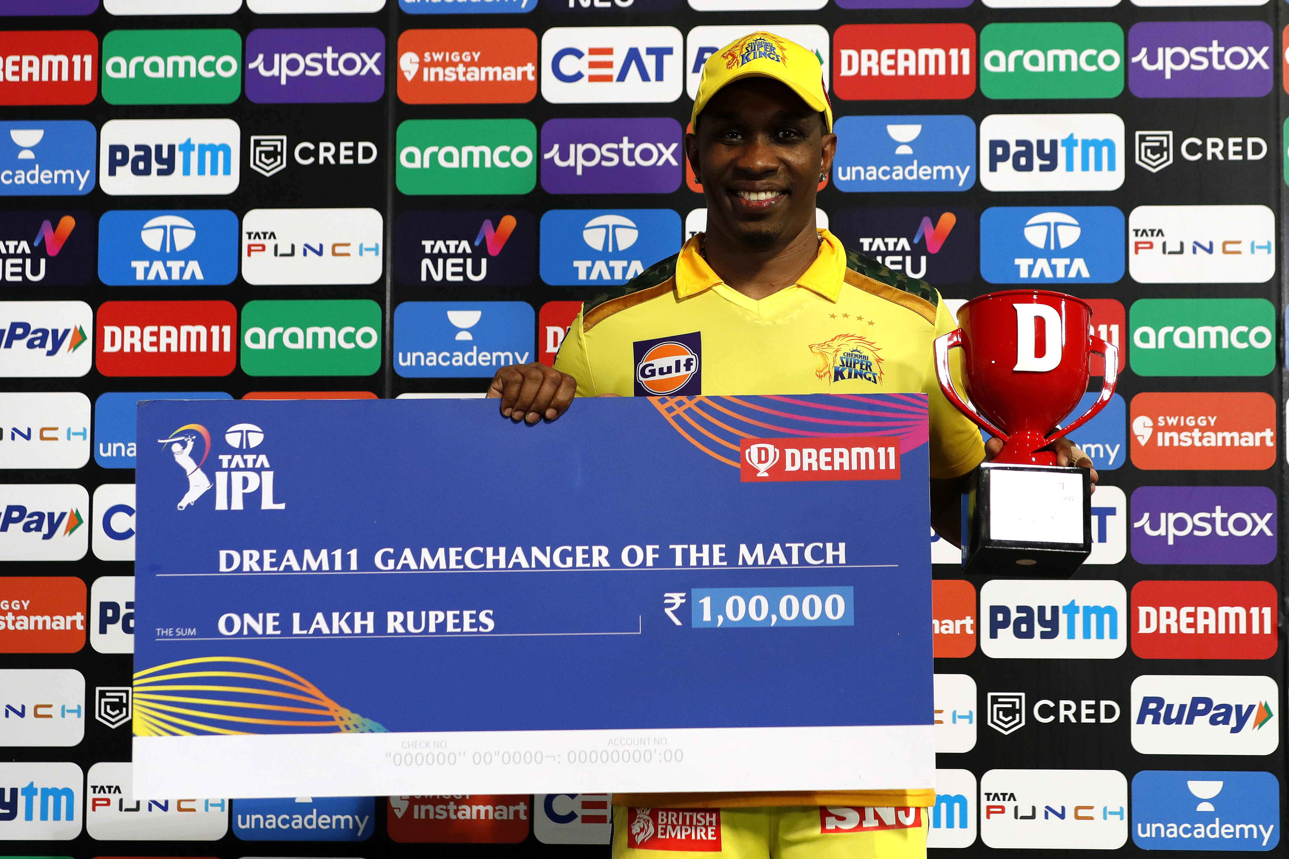 Dwayne Bravo of the Chennai Superkings with Dream11 Gamechanger of The Match award during match 1 of the TATA Indian Premier League 2022 (IPL season 15) between the Chennai Superkings and the Kolkata Knight Riders held at the Wankhede stadium in Mumbai on the 26th March 2022Photo by Saikat Das / Sportzpics for IPL