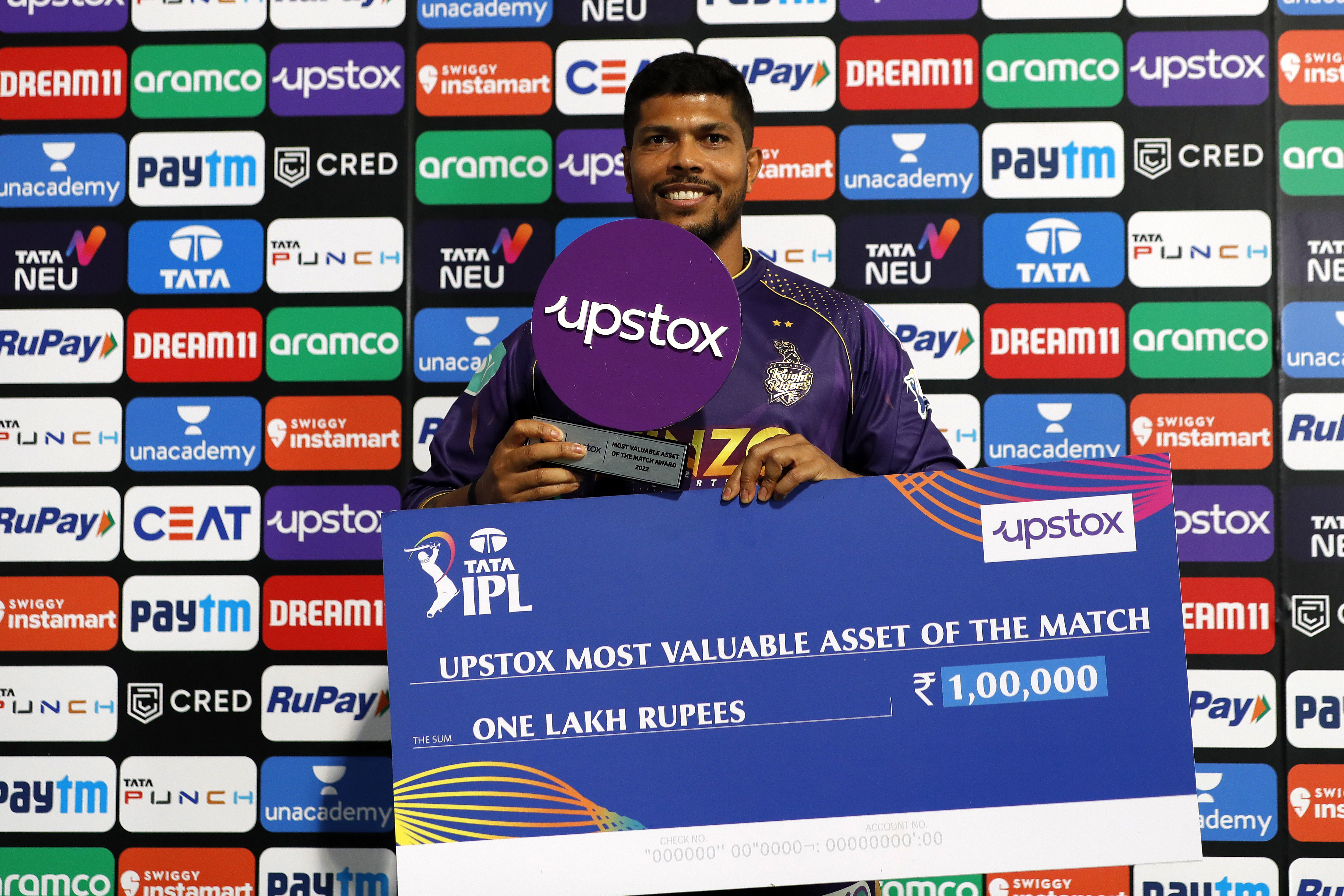 Umesh Yadav of the Kolkata Knight Riders with Upstox Most Valuable Asset of The Match award during match 1 of the TATA Indian Premier League 2022 (IPL season 15) between the Chennai Superkings and the Kolkata Knight Riders held at the Wankhede stadium in Mumbai on the 26th March 2022Photo by Saikat Das / Sportzpics for IPL