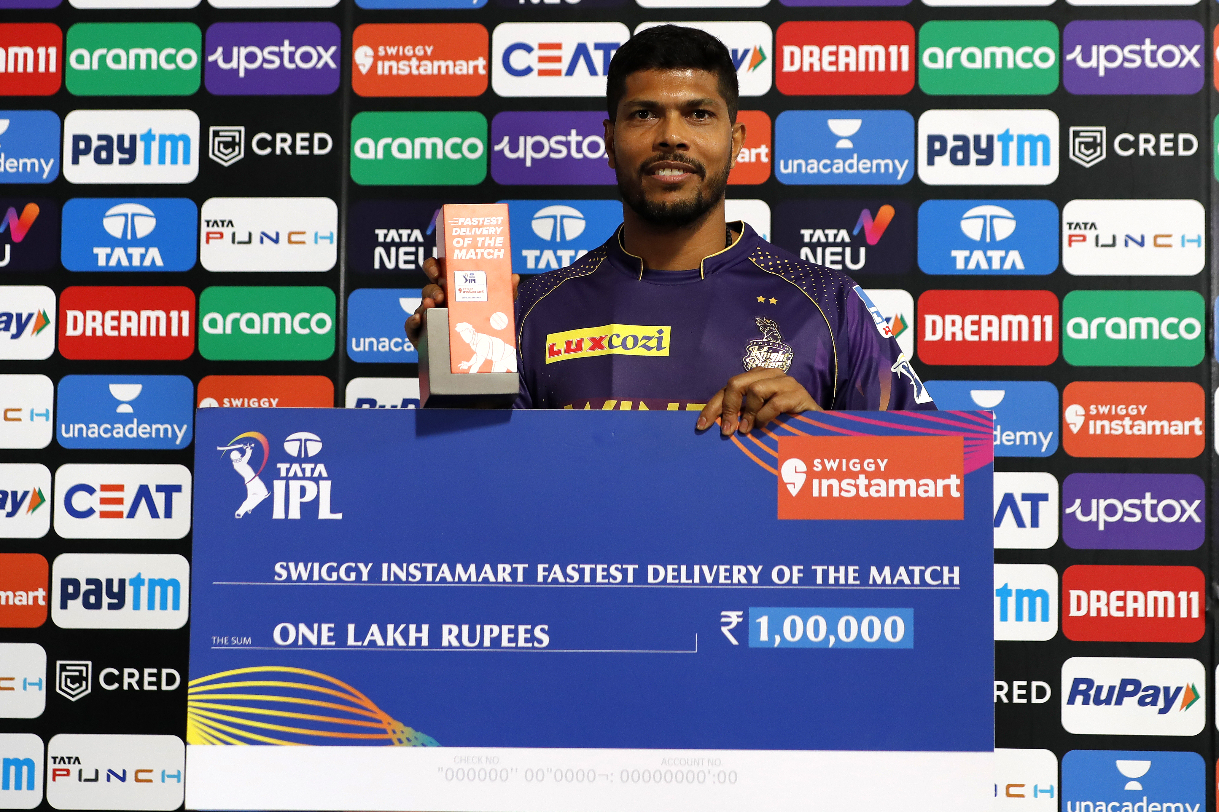 Umesh Yadav of the Kolkata Knight Riders with Swiggy Instamart Fastest Delivery Of The Match award  during match 1 of the TATA Indian Premier League 2022 (IPL season 15) between the Chennai Superkings and the Kolkata Knight Riders held at the Wankhede stadium in Mumbai on the 26th March 2022Photo by Saikat Das / Sportzpics for IPL