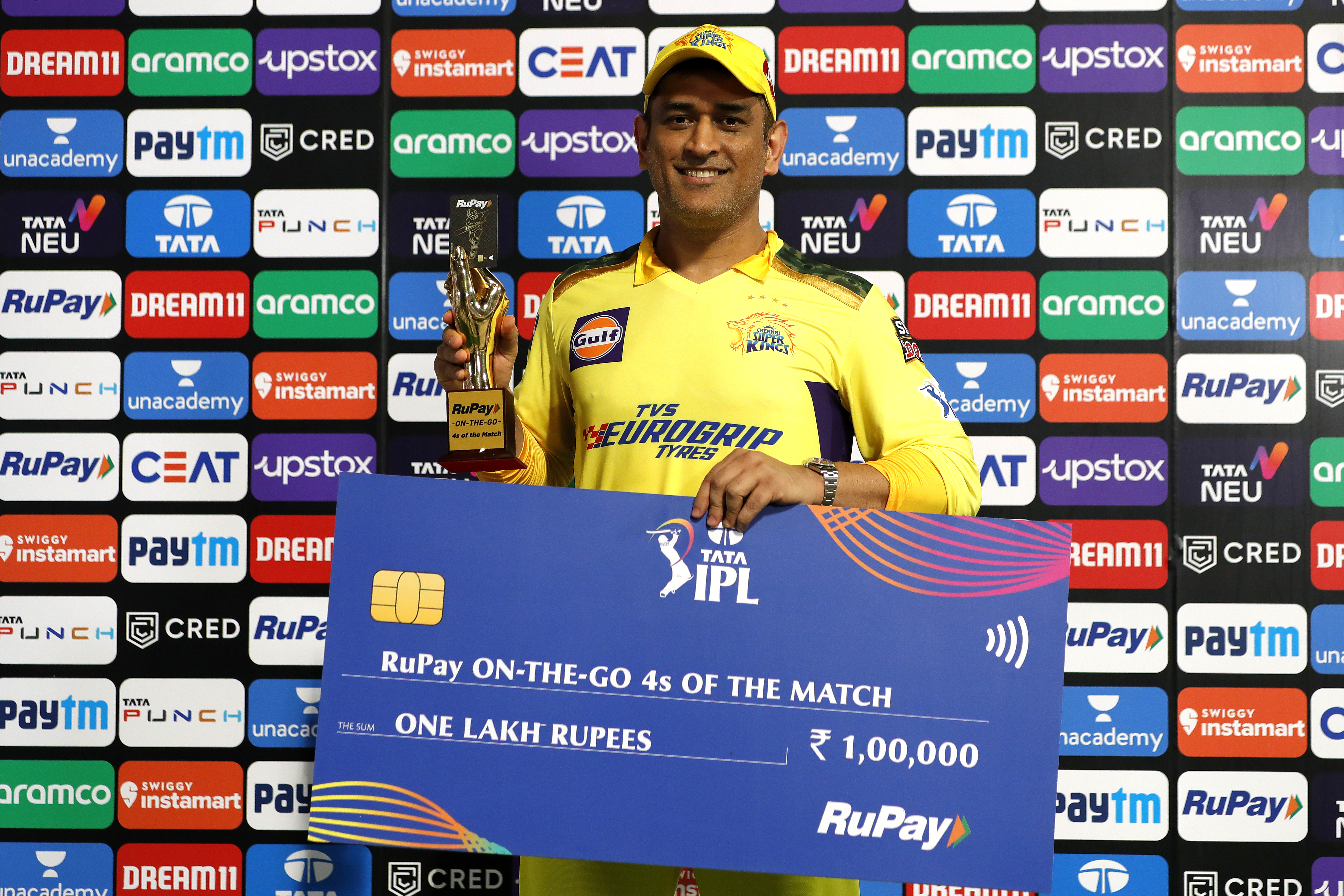 MS Dhoni of the Chennai Superkings with Rupay On-The-Go 4s of the Match award during match 1 of the TATA Indian Premier League 2022 (IPL season 15) between the Chennai Superkings and the Kolkata Knight Riders held at the Wankhede stadium in Mumbai on the 26th March 2022Photo by Saikat Das / Sportzpics for IPL