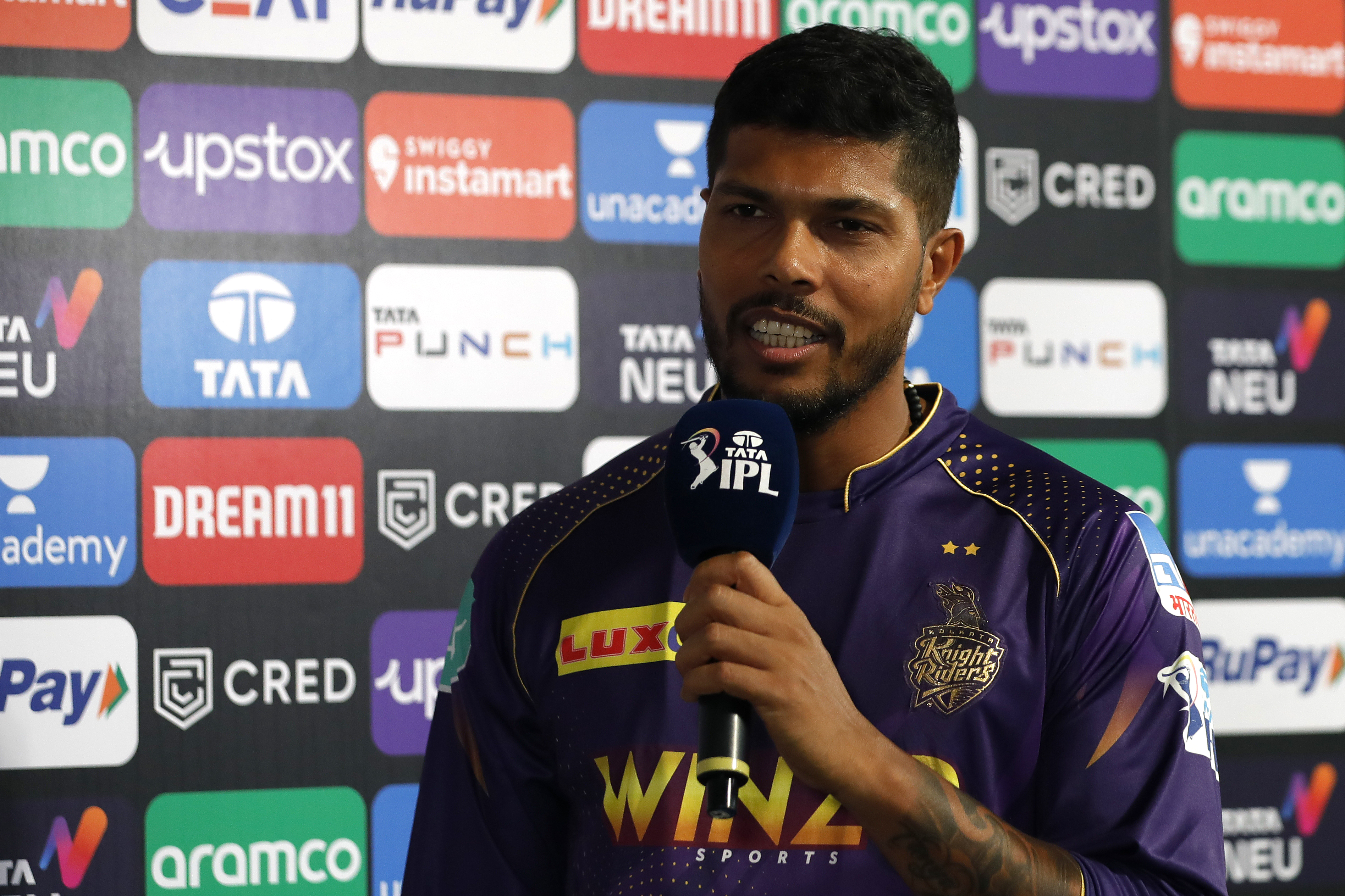 Umesh Yadav of the Kolkata Knight Riders at tv interview during match 1 of the TATA Indian Premier League 2022 (IPL season 15) between the Chennai Superkings and the Kolkata Knight Riders held at the Wankhede stadium in Mumbai on the 26th March 2022Photo by Saikat Das / Sportzpics for IPL