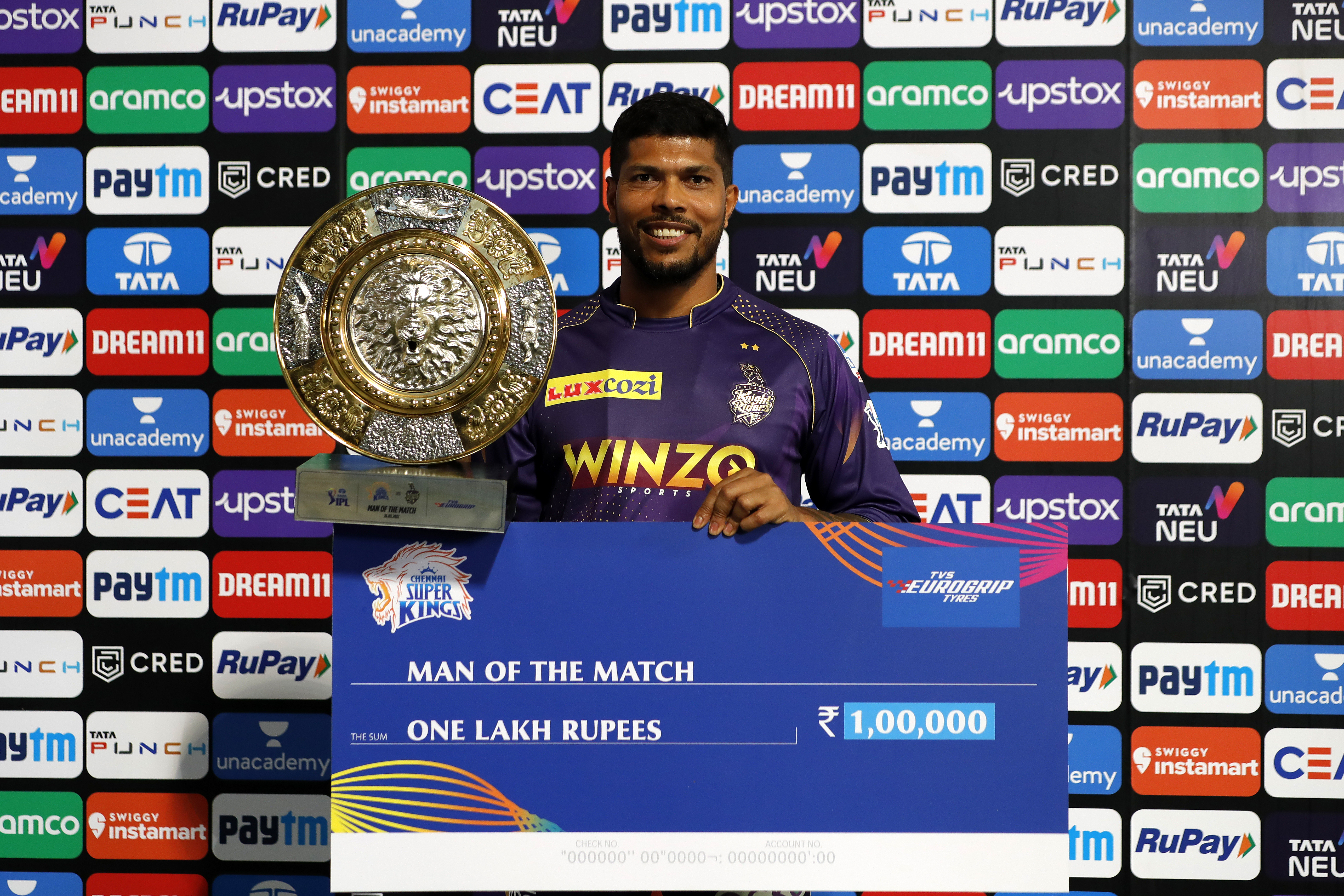 Umesh Yadav of the Kolkata Knight Riders with Man of The Match award during match 1 of the TATA Indian Premier League 2022 (IPL season 15) between the Chennai Superkings and the Kolkata Knight Riders held at the Wankhede stadium in Mumbai on the 26th March 2022Photo by Saikat Das / Sportzpics for IPL