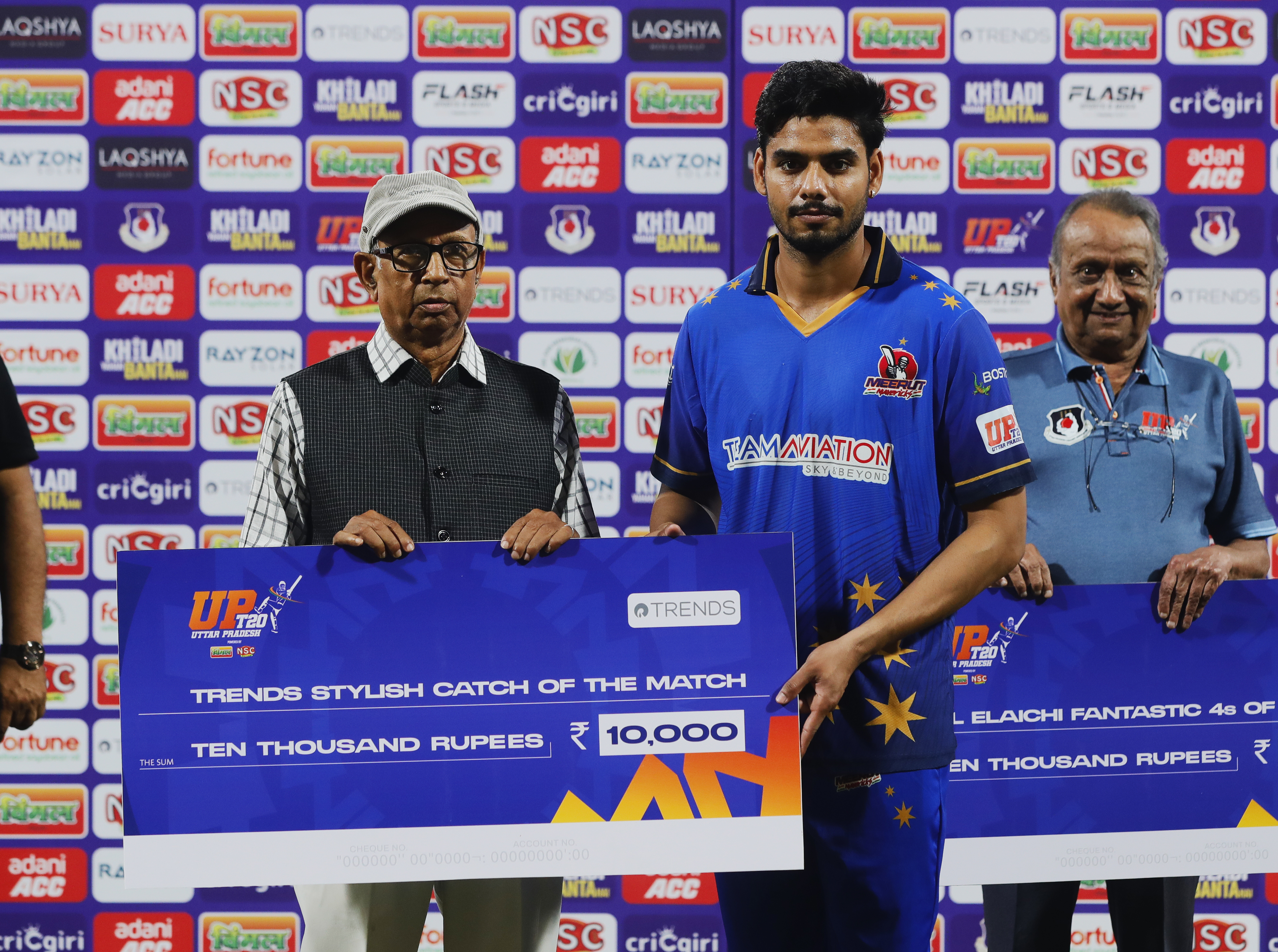 Rituraj Sharma of Meerut Mavericks receiving Trends Stylish Catch of the Match award during the UPT20 League 2026 Season 4 opening clash between Kashi Rudras and defending champions Meerut Mavericks at Bharat Ratna Shri Atal Bihari Vajpayee Ekana Cricket Stadium, Lucknow, Uttar Pradesh, India, intense evening T20 action lights up Match 1 of the tournament.Photos by: s Saikat Das / aceimages.in for UPT20