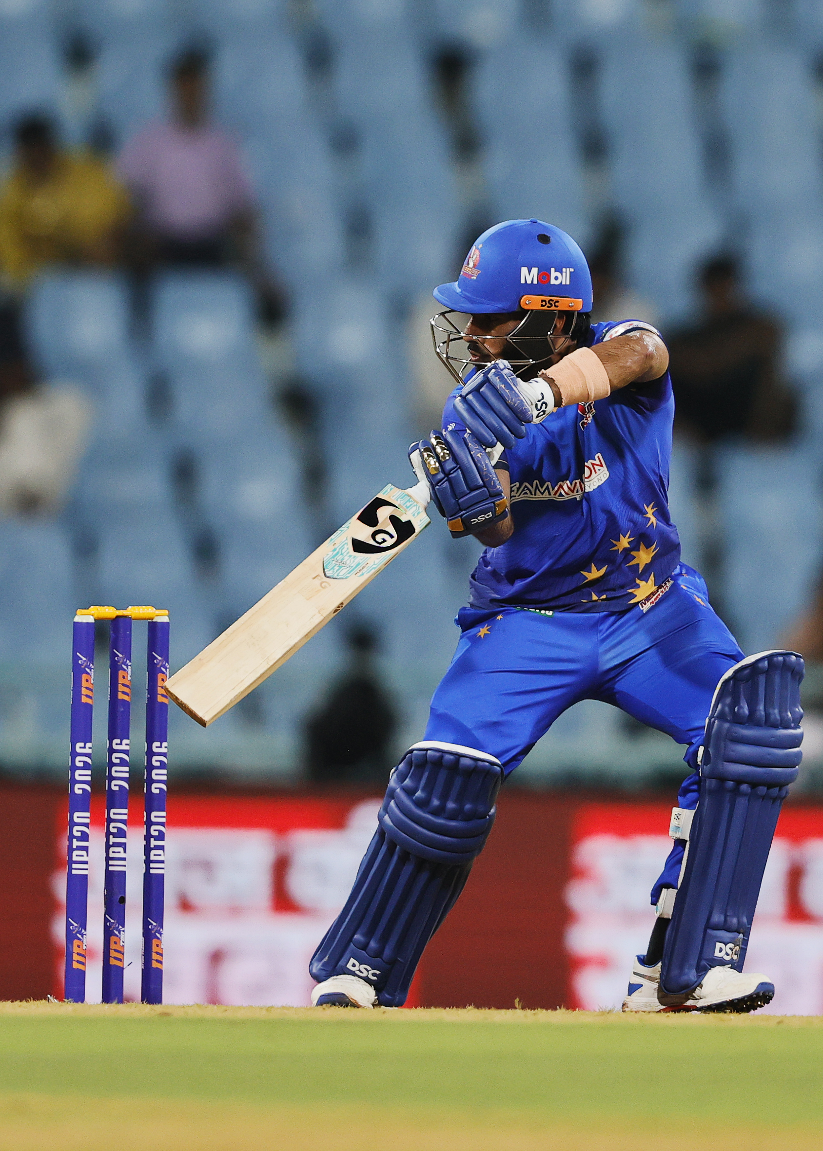 Divyansh  Rajput of Meerut Mavericks hitting a four during the UPT20 League 2026 Season 4 opening clash between Kashi Rudras and defending champions Meerut Mavericks at Bharat Ratna Shri Atal Bihari Vajpayee Ekana Cricket Stadium, Lucknow, Uttar Pradesh, India, intense evening T20 action lights up Match 1 of the tournament.Photos by: s Saikat Das / aceimages.in for UPT20