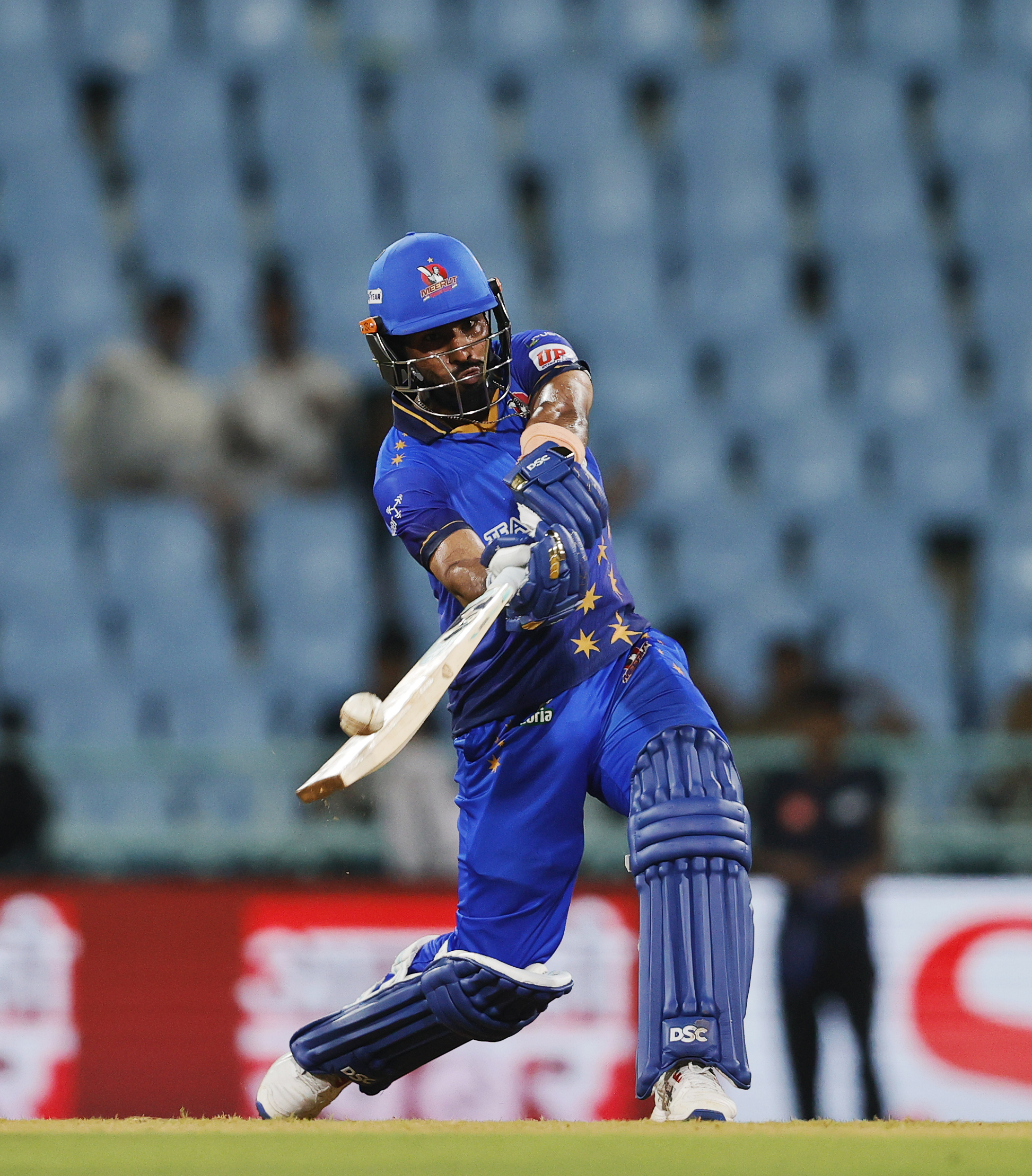 Divyansh  Rajput of Meerut Mavericks batting during the UPT20 League 2026 Season 4 opening clash between Kashi Rudras and defending champions Meerut Mavericks at Bharat Ratna Shri Atal Bihari Vajpayee Ekana Cricket Stadium, Lucknow, Uttar Pradesh, India, intense evening T20 action lights up Match 1 of the tournament.Photos by: s Saikat Das / aceimages.in for UPT20