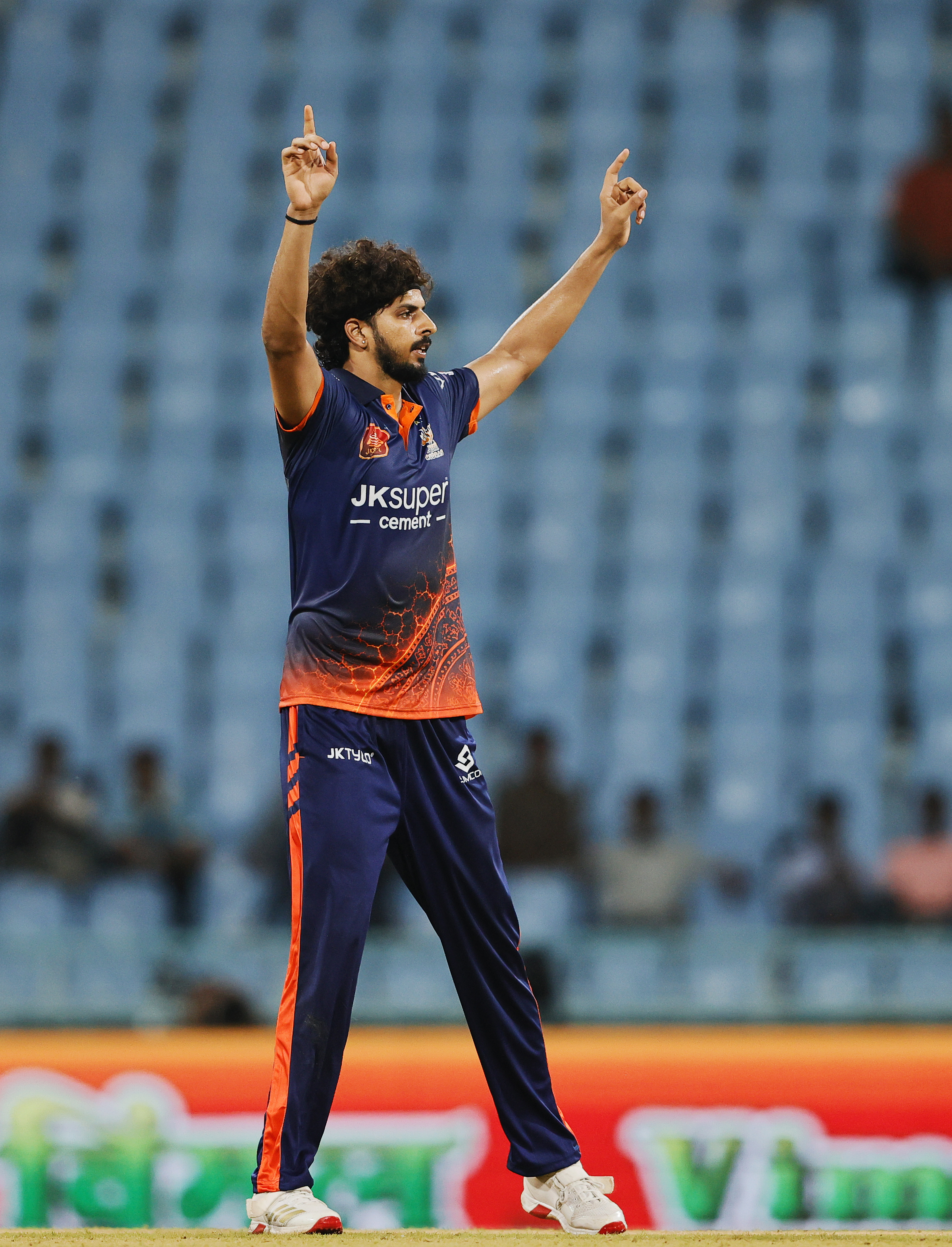 Atall Bihari Rai of Kashi Rudras celebrating the wicket during the UPT20 League 2026 Season 4 opening clash between Kashi Rudras and defending champions Meerut Mavericks at Bharat Ratna Shri Atal Bihari Vajpayee Ekana Cricket Stadium, Lucknow, Uttar Pradesh, India, intense evening T20 action lights up Match 1 of the tournament.Photos by: s Saikat Das / aceimages.in for UPT20