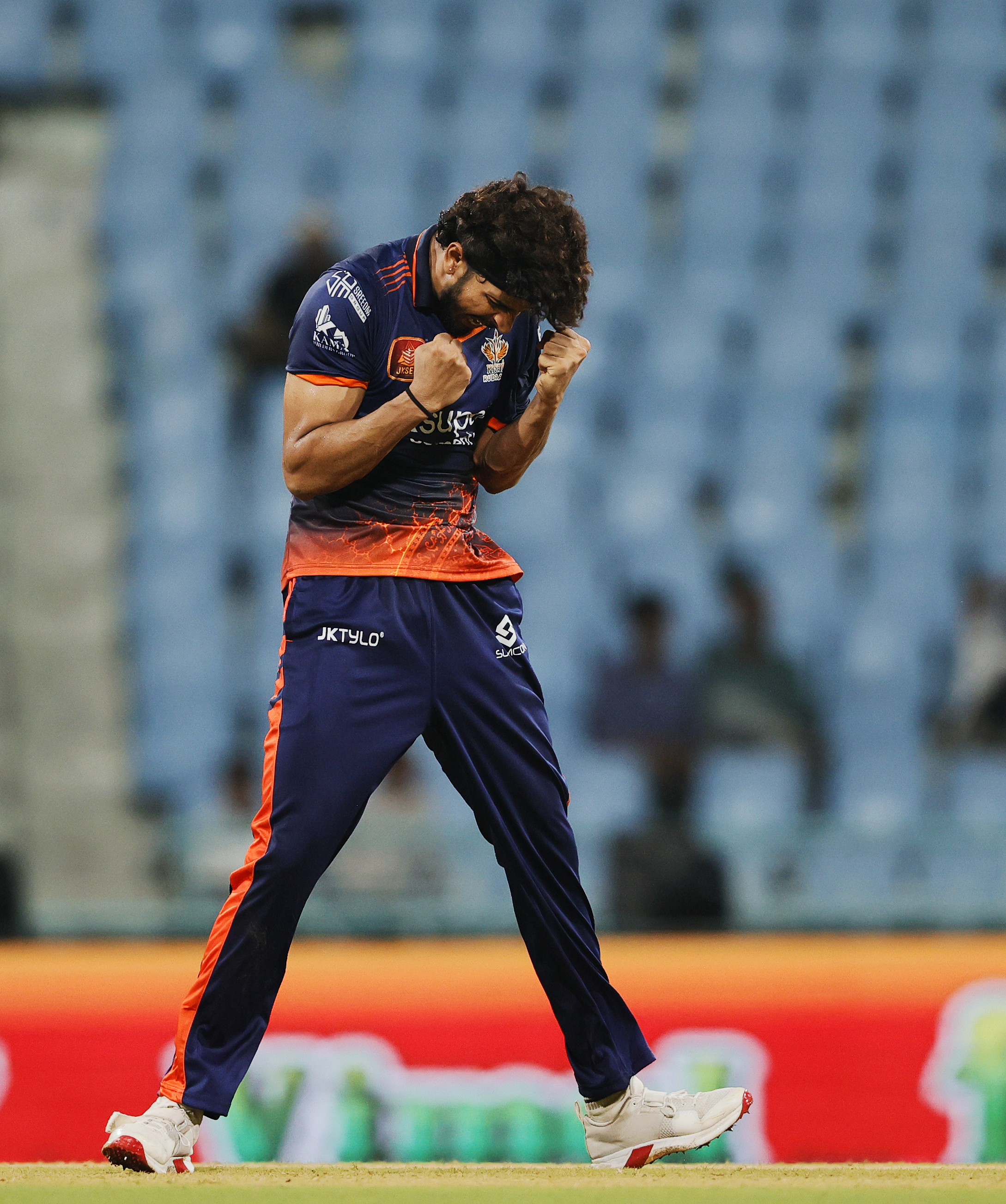 Atall Bihari Rai of Kashi Rudras celebrating the wicket during the UPT20 League 2026 Season 4 opening clash between Kashi Rudras and defending champions Meerut Mavericks at Bharat Ratna Shri Atal Bihari Vajpayee Ekana Cricket Stadium, Lucknow, Uttar Pradesh, India, intense evening T20 action lights up Match 1 of the tournament.Photos by: s Saikat Das / aceimages.in for UPT20