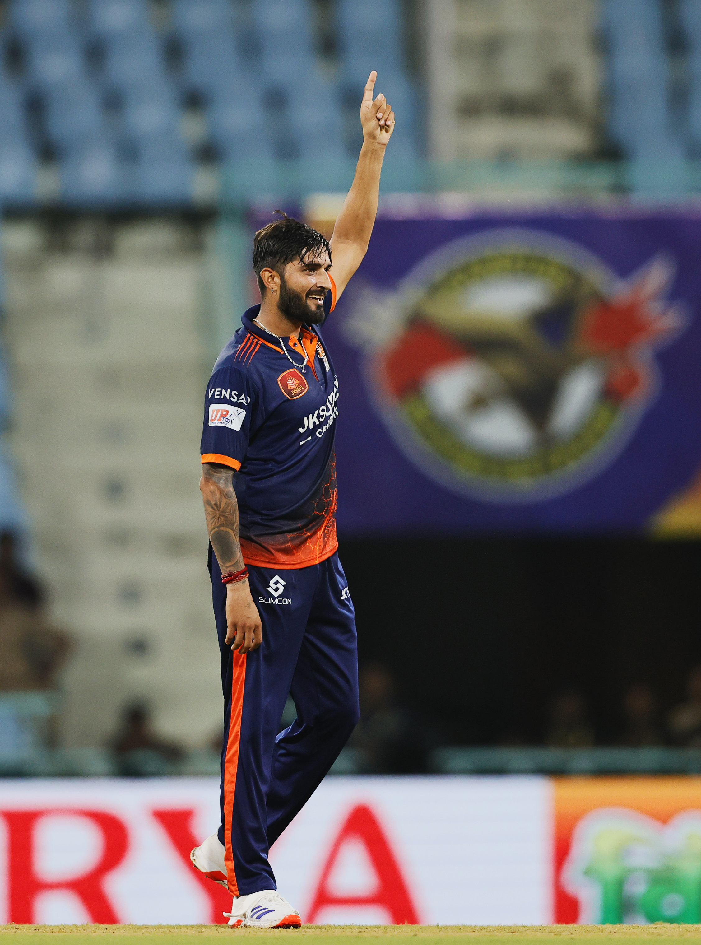 Sunil Kumar of Kashi Rudras celebrating the wicket during the UPT20 League 2026 Season 4 opening clash between Kashi Rudras and defending champions Meerut Mavericks at Bharat Ratna Shri Atal Bihari Vajpayee Ekana Cricket Stadium, Lucknow, Uttar Pradesh, India, intense evening T20 action lights up Match 1 of the tournament.Photos by: s Saikat Das / aceimages.in for UPT20