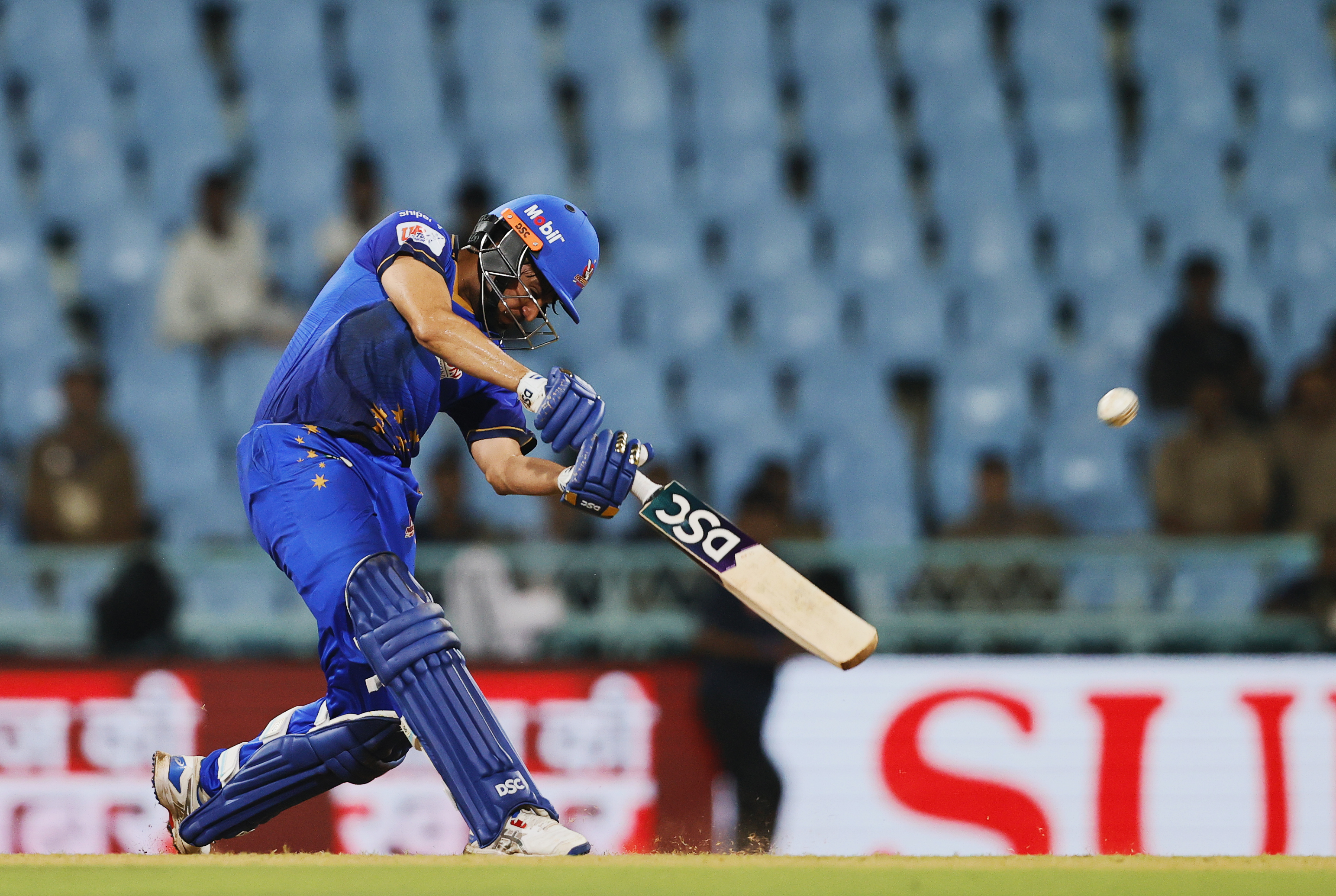 Yash Garg of Meerut Mavericks hitting a over boundary during the UPT20 League 2026 Season 4 opening clash between Kashi Rudras and defending champions Meerut Mavericks at Bharat Ratna Shri Atal Bihari Vajpayee Ekana Cricket Stadium, Lucknow, Uttar Pradesh, India, intense evening T20 action lights up Match 1 of the tournament.Photos by: s Saikat Das / aceimages.in for UPT20
