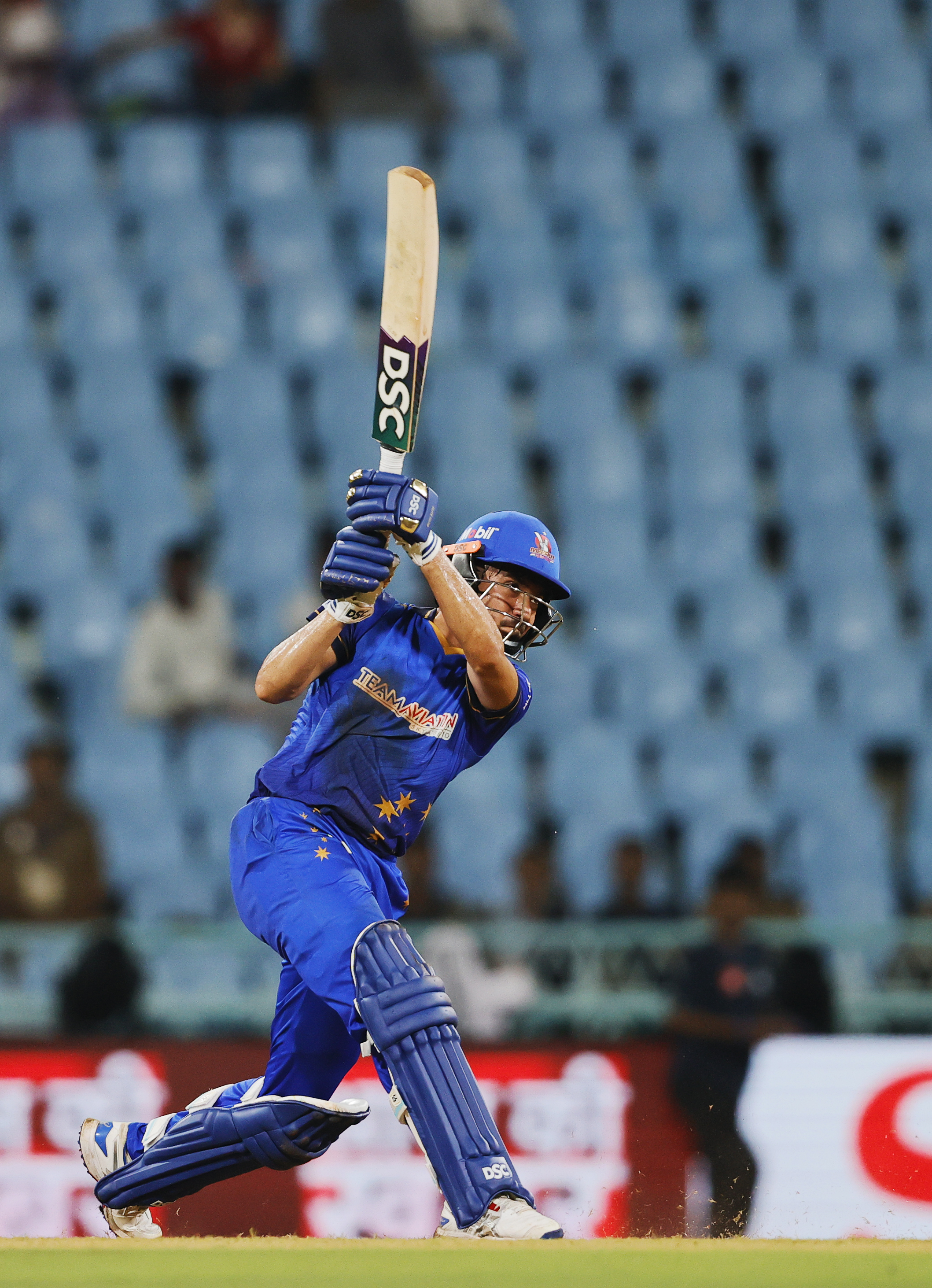 Yash Garg of Meerut Mavericks hitting a over boundary during the UPT20 League 2026 Season 4 opening clash between Kashi Rudras and defending champions Meerut Mavericks at Bharat Ratna Shri Atal Bihari Vajpayee Ekana Cricket Stadium, Lucknow, Uttar Pradesh, India, intense evening T20 action lights up Match 1 of the tournament.Photos by: s Saikat Das / aceimages.in for UPT20
