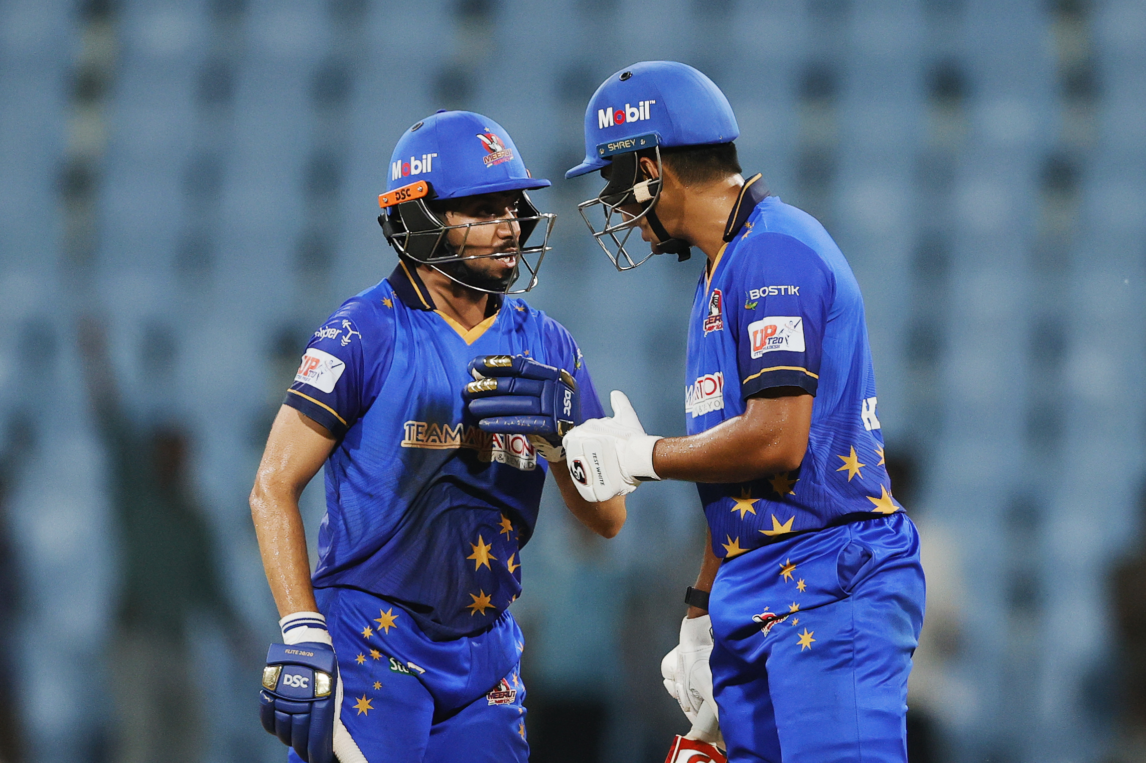Yash Garg of Meerut Mavericks and Kartik Tyagi of Meerut Mavericks during the UPT20 League 2026 Season 4 opening clash between Kashi Rudras and defending champions Meerut Mavericks at Bharat Ratna Shri Atal Bihari Vajpayee Ekana Cricket Stadium, Lucknow, Uttar Pradesh, India, intense evening T20 action lights up Match 1 of the tournament.Photos by: s Saikat Das / aceimages.in for UPT20