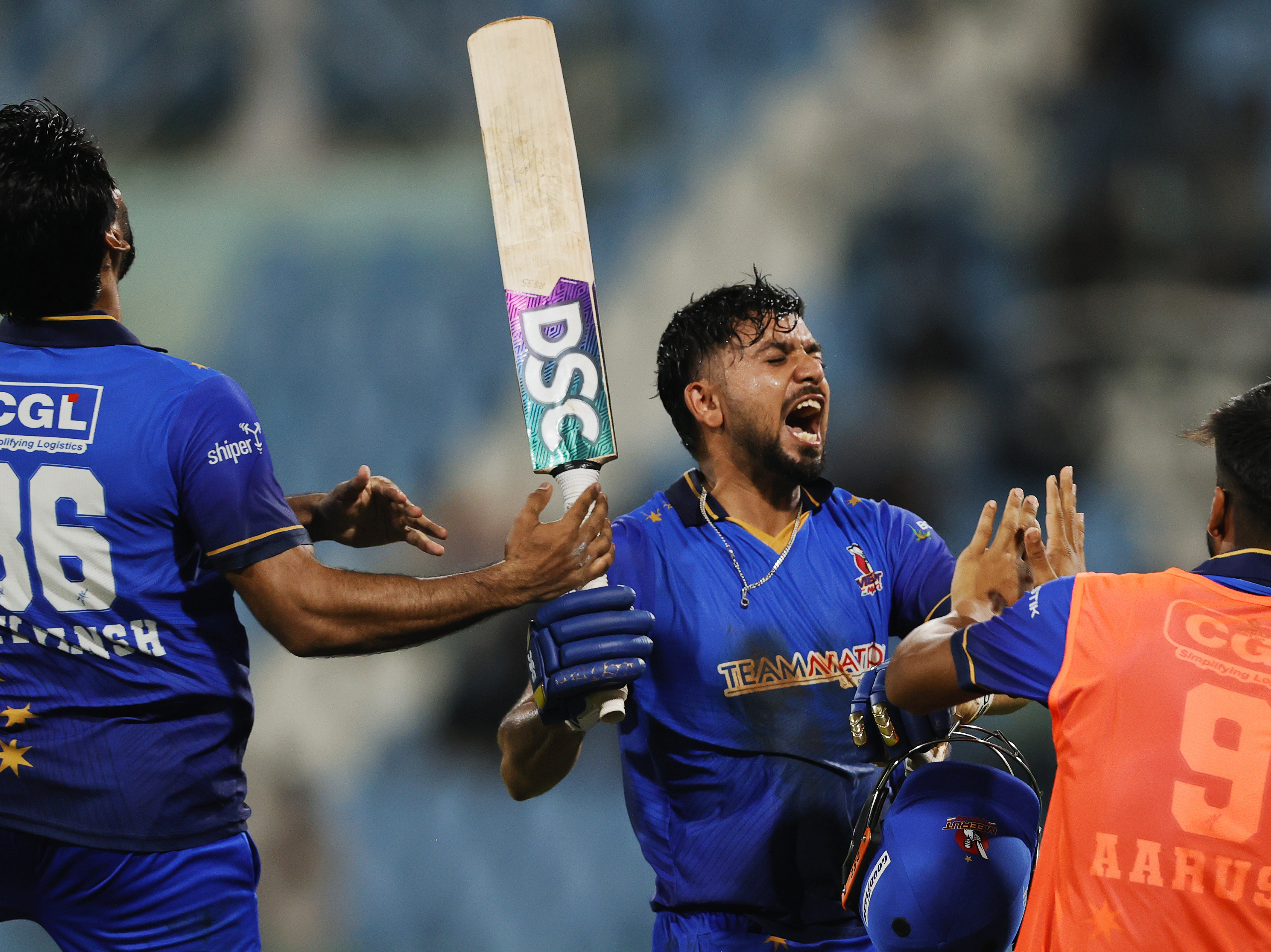 Yash Garg of Meerut Mavericks celebrating win during the UPT20 League 2026 Season 4 opening clash between Kashi Rudras and defending champions Meerut Mavericks at Bharat Ratna Shri Atal Bihari Vajpayee Ekana Cricket Stadium, Lucknow, Uttar Pradesh, India, intense evening T20 action lights up Match 1 of the tournament.Photos by: s Saikat Das / aceimages.in for UPT20