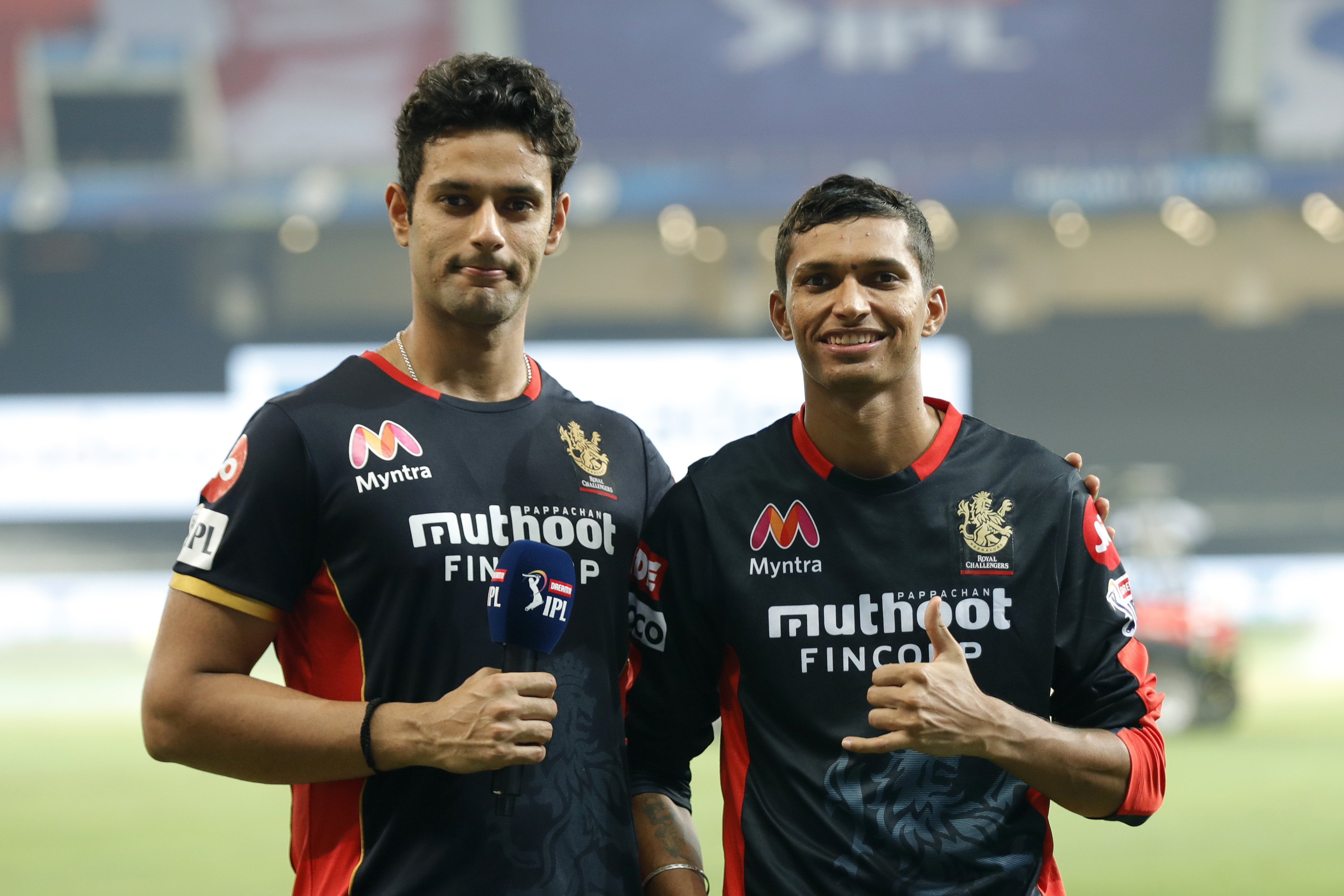 Navdeep Saini of Royal Challengers Bangalore and Shivam Dube of Royal Challengers Bangalore at social media chat during match 10 of season 13 of the Dream 11 Indian Premier League (IPL) between The Royal Challengers Bangalore and The Mumbai Indians held at the Dubai International Cricket Stadium, Dubai in the United Arab Emirates on the 28th September 2020.  Photo by: Saikat Das  / Sportzpics for BCCI