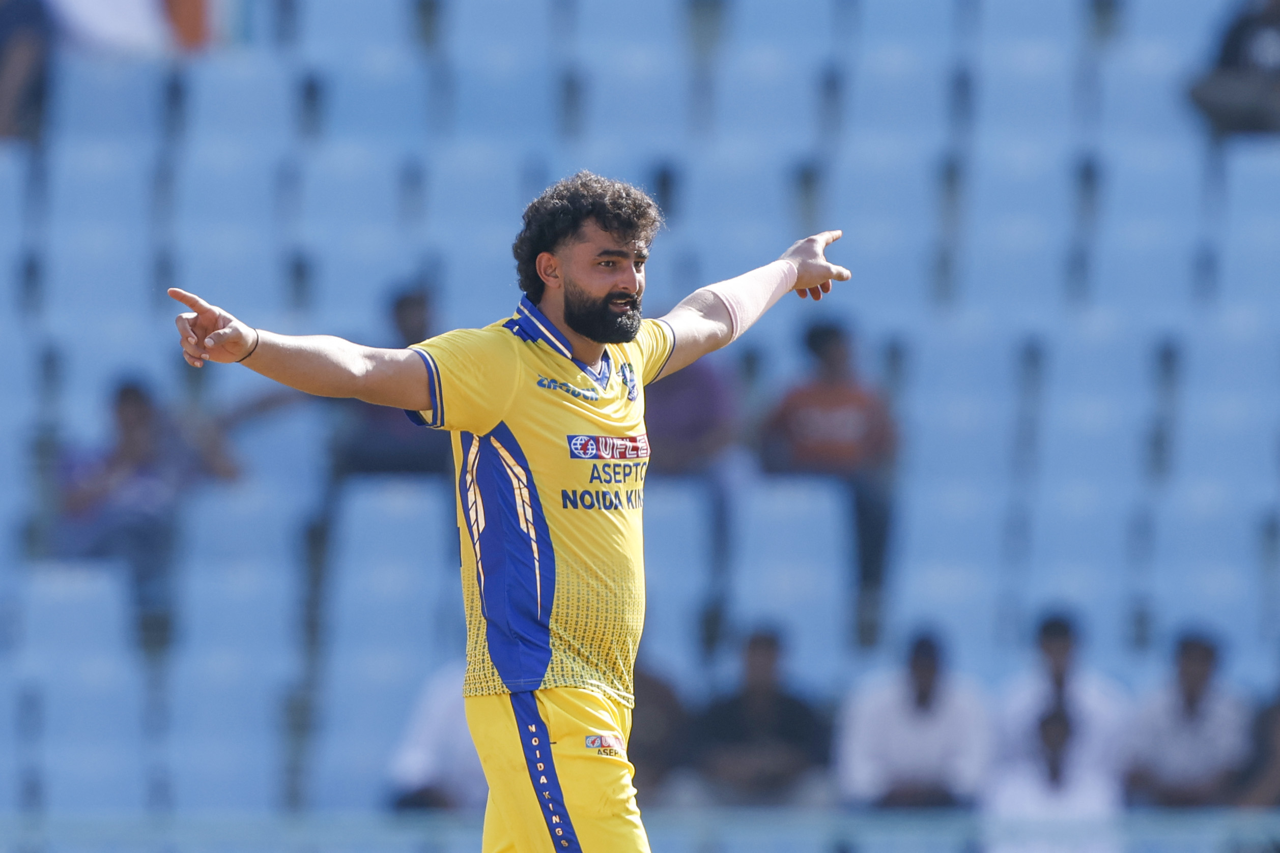 Shiva Singh of Noida Kings celebrates the wicket during the UPT20 League Season 4 afternoon fixture on 15 August 2026 at Bharat Ratna Shri Atal Bihari Vajpayee Ekana Cricket Stadium, Lucknow, Uttar Pradesh, India, Noida Kings take on Kanpur Superstars in Match 2 as the tournament continues with high‑intensity T20 action.Photos by: Arjun Singh / aceimages.in for UPT20