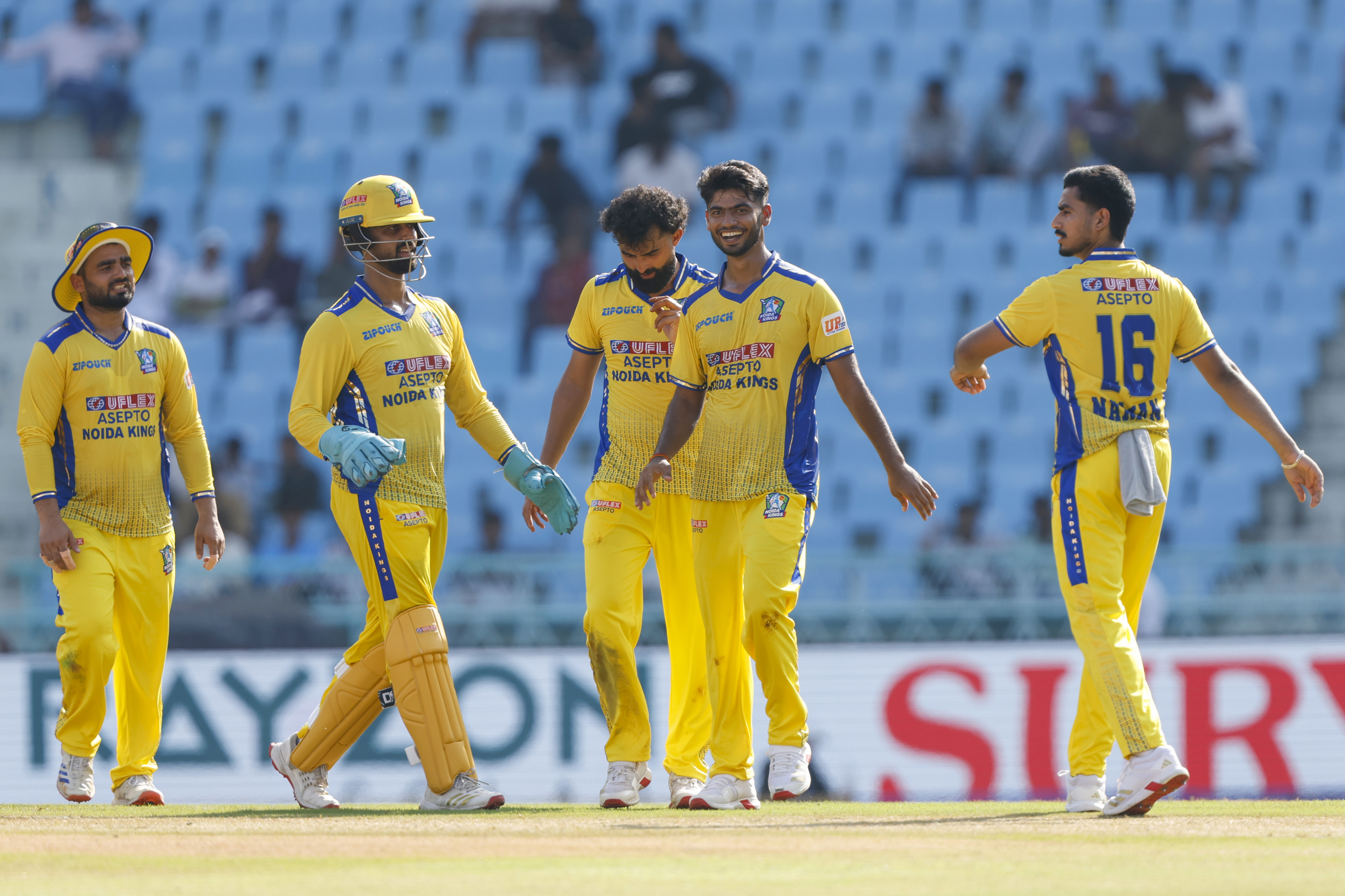 Shiva Singh of Noida Kings celebrates the wicket with players during the UPT20 League Season 4 afternoon fixture on 15 August 2026 at Bharat Ratna Shri Atal Bihari Vajpayee Ekana Cricket Stadium, Lucknow, Uttar Pradesh, India, Noida Kings take on Kanpur Superstars in Match 2 as the tournament continues with high‑intensity T20 action.Photos by: Arjun Singh / aceimages.in for UPT20