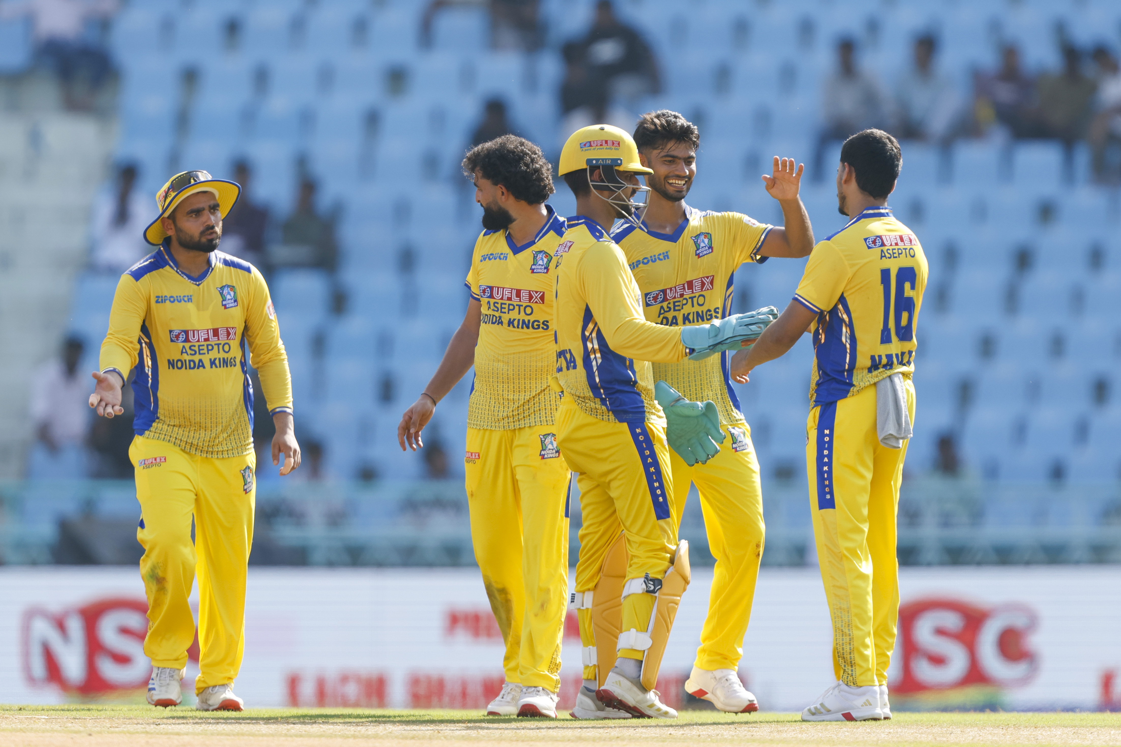Shiva Singh of Noida Kings celebrates the wicket with players during the UPT20 League Season 4 afternoon fixture on 15 August 2026 at Bharat Ratna Shri Atal Bihari Vajpayee Ekana Cricket Stadium, Lucknow, Uttar Pradesh, India, Noida Kings take on Kanpur Superstars in Match 2 as the tournament continues with high‑intensity T20 action.Photos by: Arjun Singh / aceimages.in for UPT20