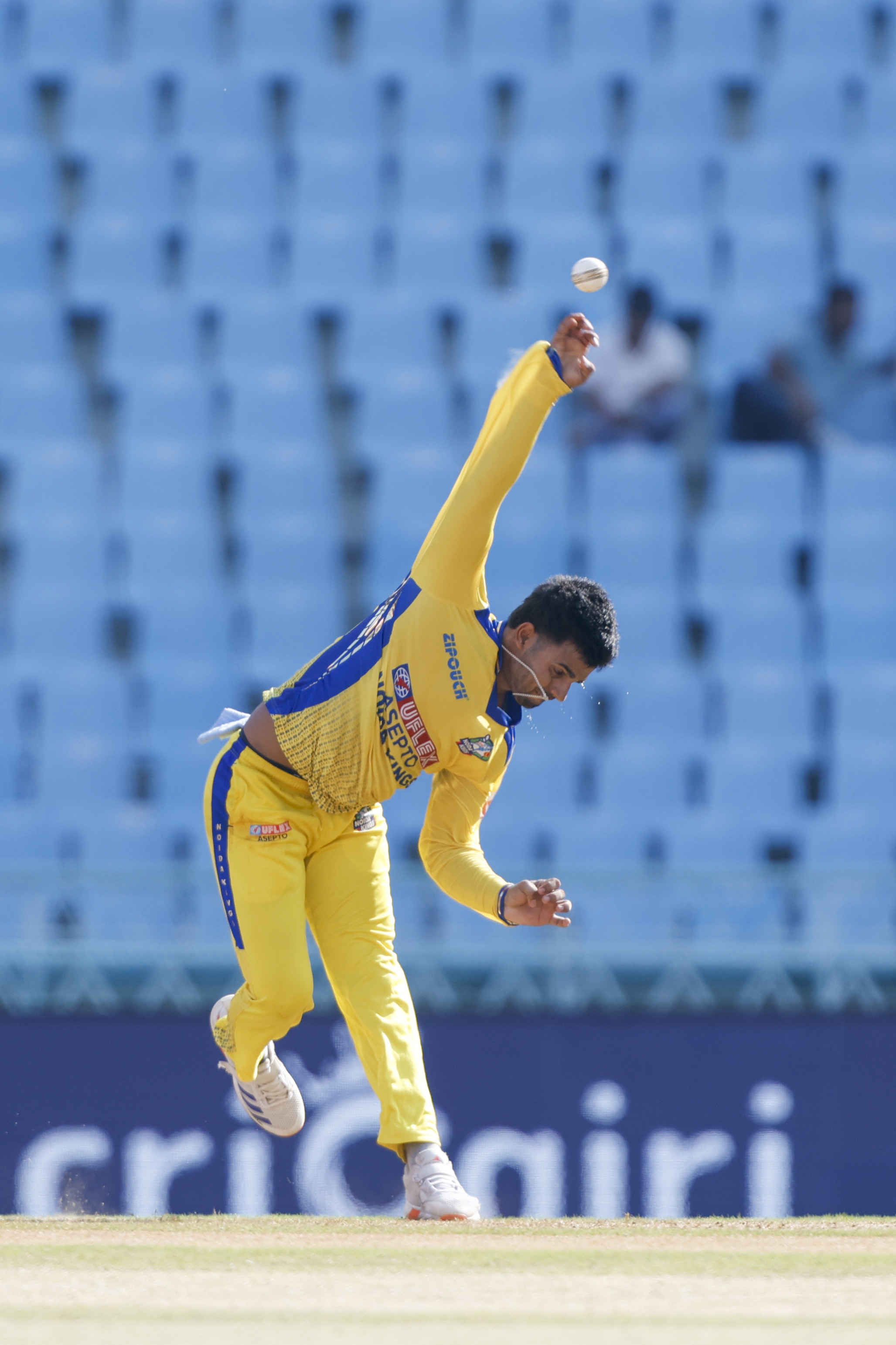Kartik Siddhu of Noida Kings dliver ball during the UPT20 League Season 4 afternoon fixture on 15 August 2026 at Bharat Ratna Shri Atal Bihari Vajpayee Ekana Cricket Stadium, Lucknow, Uttar Pradesh, India, Noida Kings take on Kanpur Superstars in Match 2 as the tournament continues with high‑intensity T20 action.Photos by: Arjun Singh / aceimages.in for UPT20