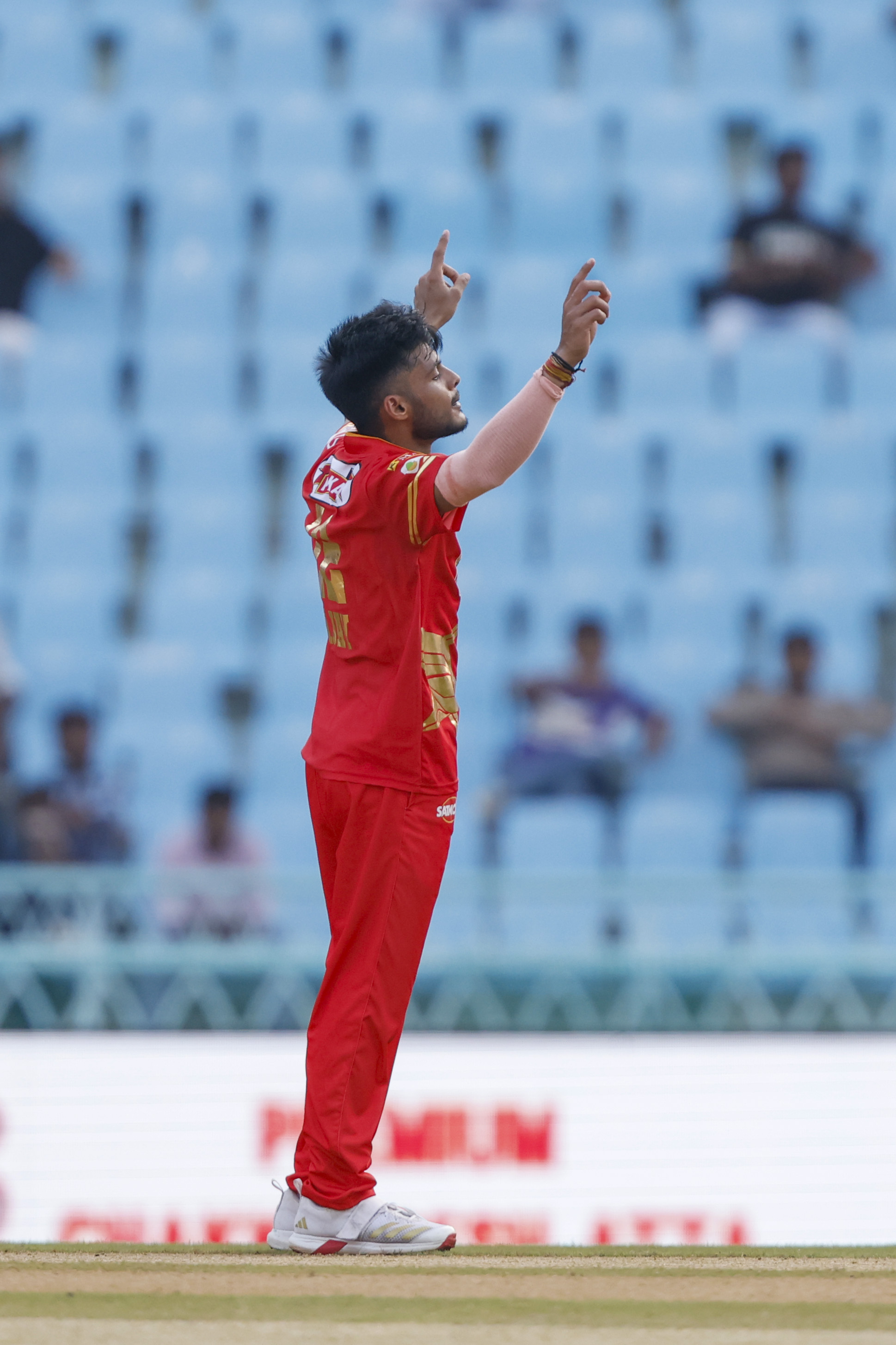 Ajay Kumar of Kanpur Superstars celebrates the wicket during the UPT20 League Season 4 afternoon fixture on 15 August 2026 at Bharat Ratna Shri Atal Bihari Vajpayee Ekana Cricket Stadium, Lucknow, Uttar Pradesh, India, Noida Kings take on Kanpur Superstars in Match 2 as the tournament continues with high‑intensity T20 action.Photos by: Arjun Singh / aceimages.in for UPT20