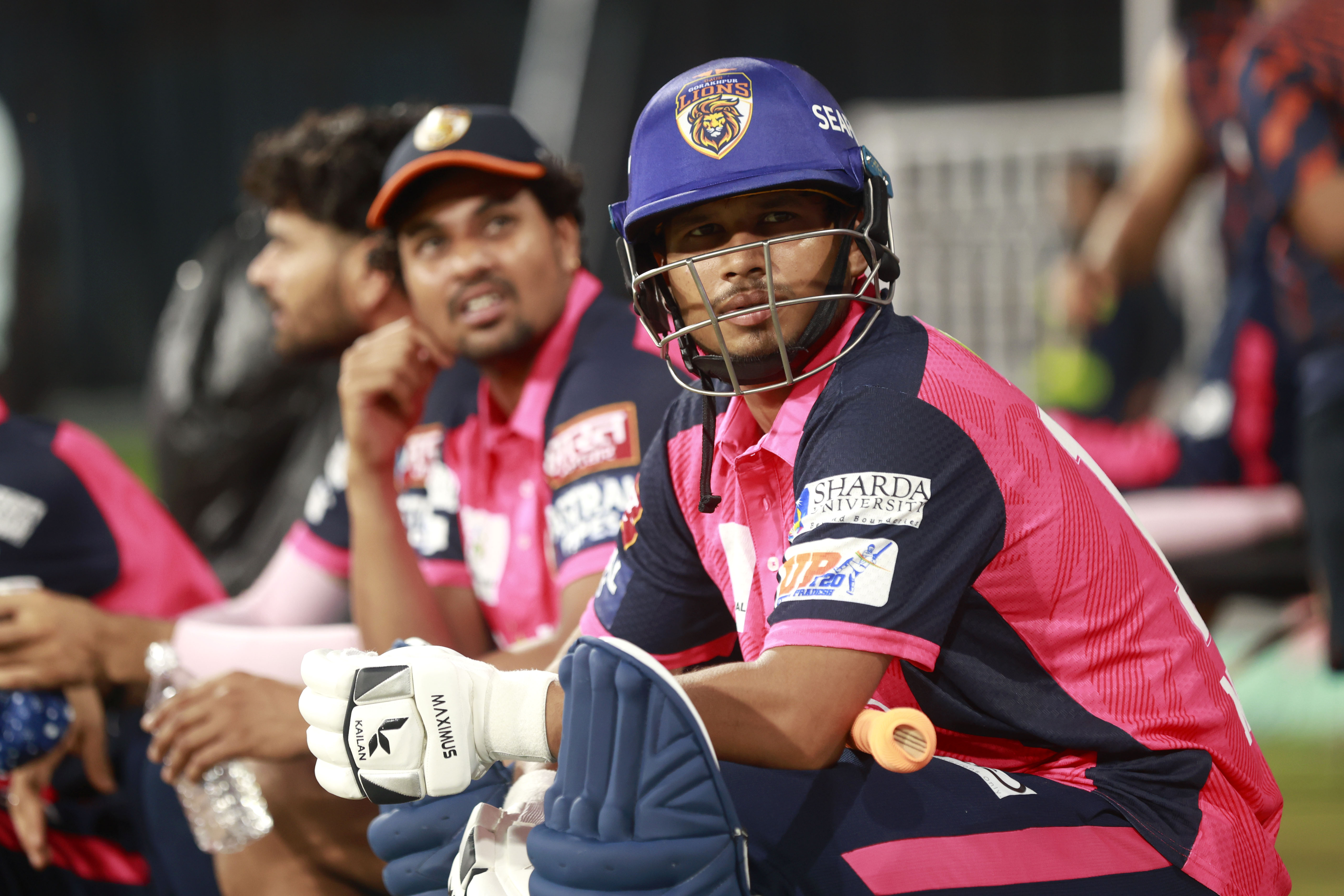 Gaur Gorakhpur Lions player at dugout during the UPT20 League Season 4 evening clash on 15 August 2026 at Bharat Ratna Shri Atal Bihari Vajpayee Ekana Cricket Stadium, Lucknow, Uttar Pradesh, India, Lucknow Falcons face Gaur Gorakhpur Lions in Match 3 under lights as the league’s double‑header day closes with high‑tempo T20 cricket.Photos by: Tamal Das / aceimages.in for UPT20