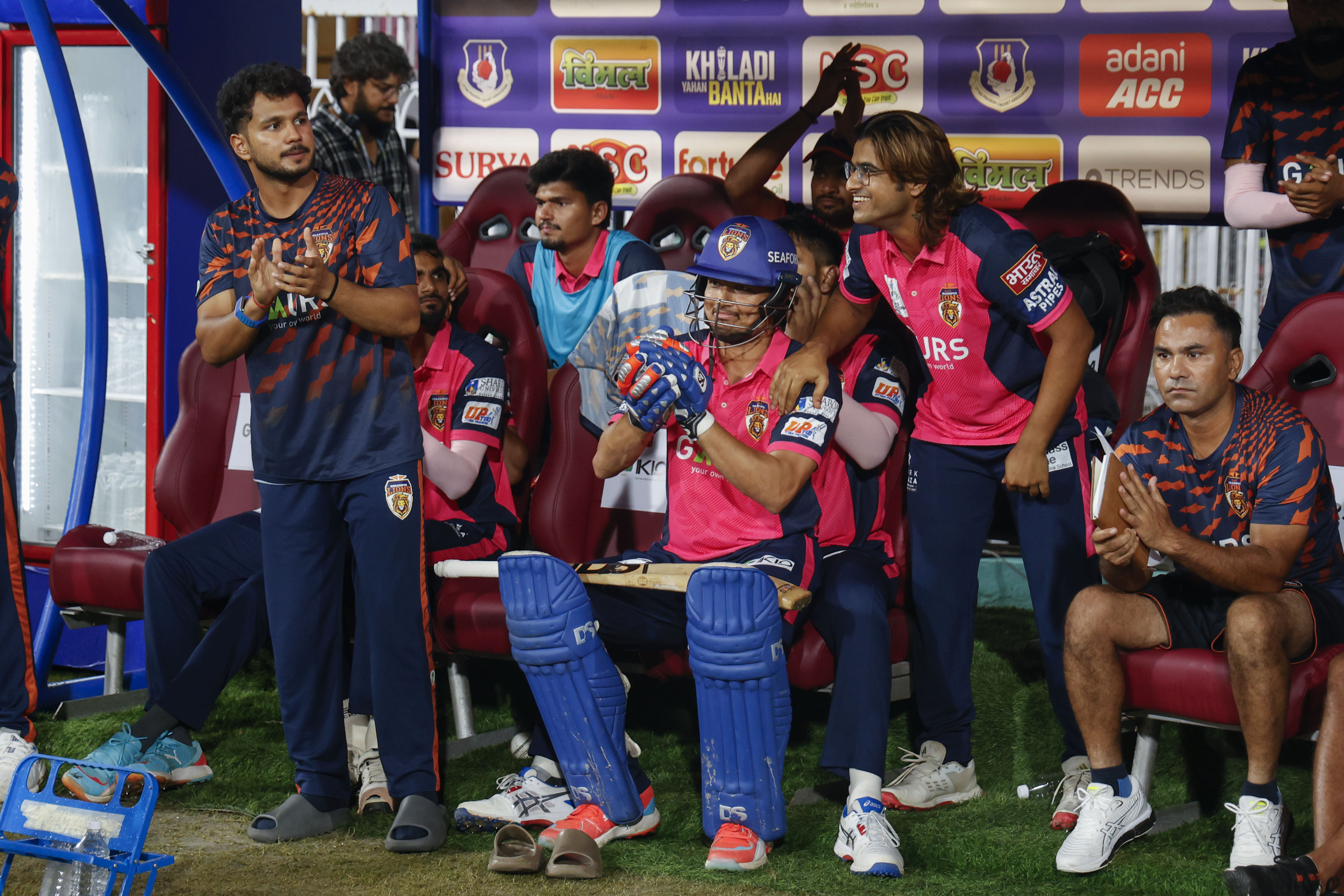 Gaur Gorakhpur Lions celebrating boundary during the UPT20 League Season 4 evening clash on 15 August 2026 at Bharat Ratna Shri Atal Bihari Vajpayee Ekana Cricket Stadium, Lucknow, Uttar Pradesh, India, Lucknow Falcons face Gaur Gorakhpur Lions in Match 3 under lights as the league’s double‑header day closes with high‑tempo T20 cricket.Photos by: Tamal Das / aceimages.in for UPT20