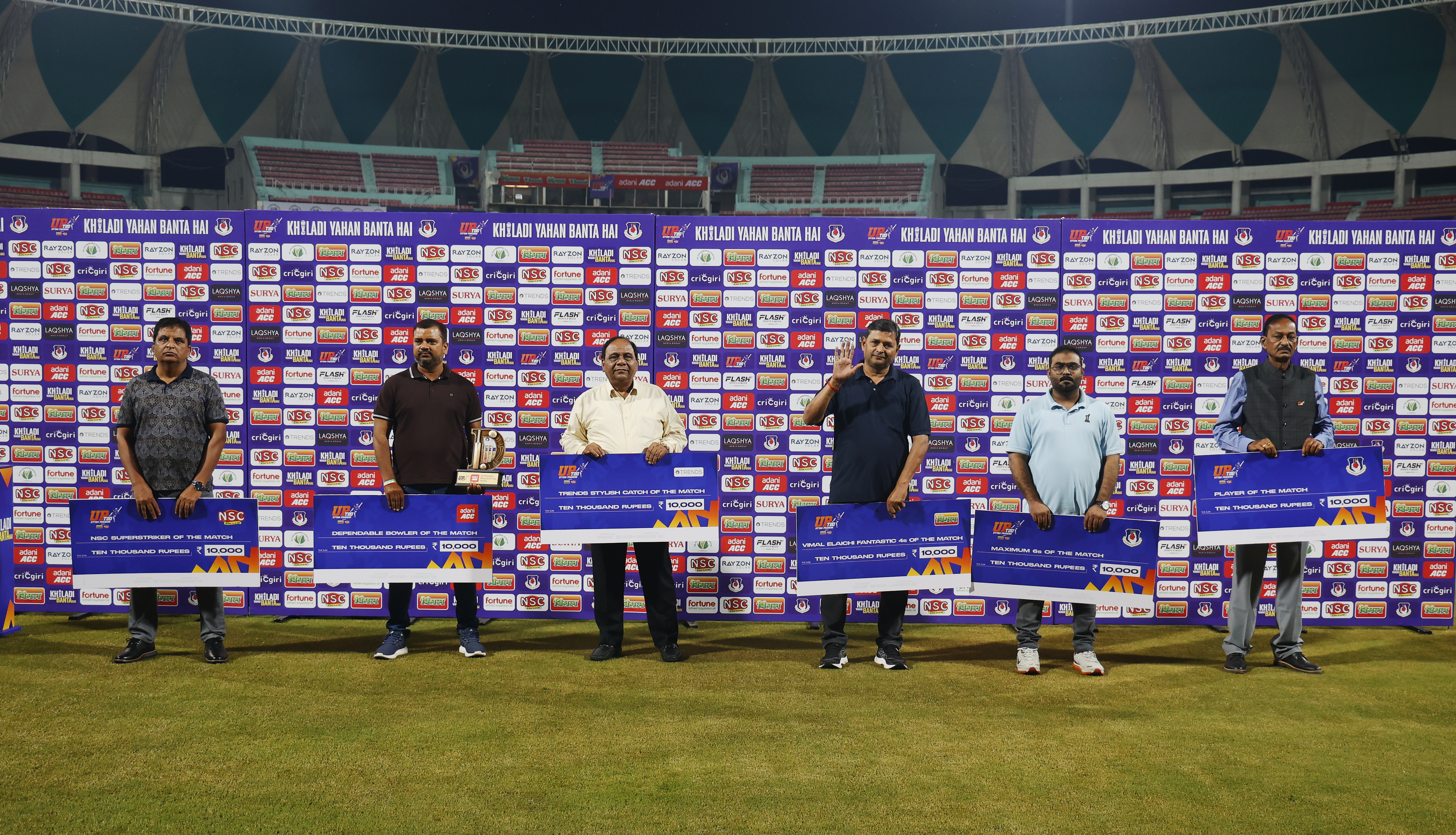 Presentation Party during the UPT20 League Season 4 evening clash on 15 August 2026 at Bharat Ratna Shri Atal Bihari Vajpayee Ekana Cricket Stadium, Lucknow, Uttar Pradesh, India, Lucknow Falcons face Gaur Gorakhpur Lions in Match 3 under lights as the league’s double‑header day closes with high‑tempo T20 cricket.Photos by: s Saikat Das / aceimages.in for UPT20