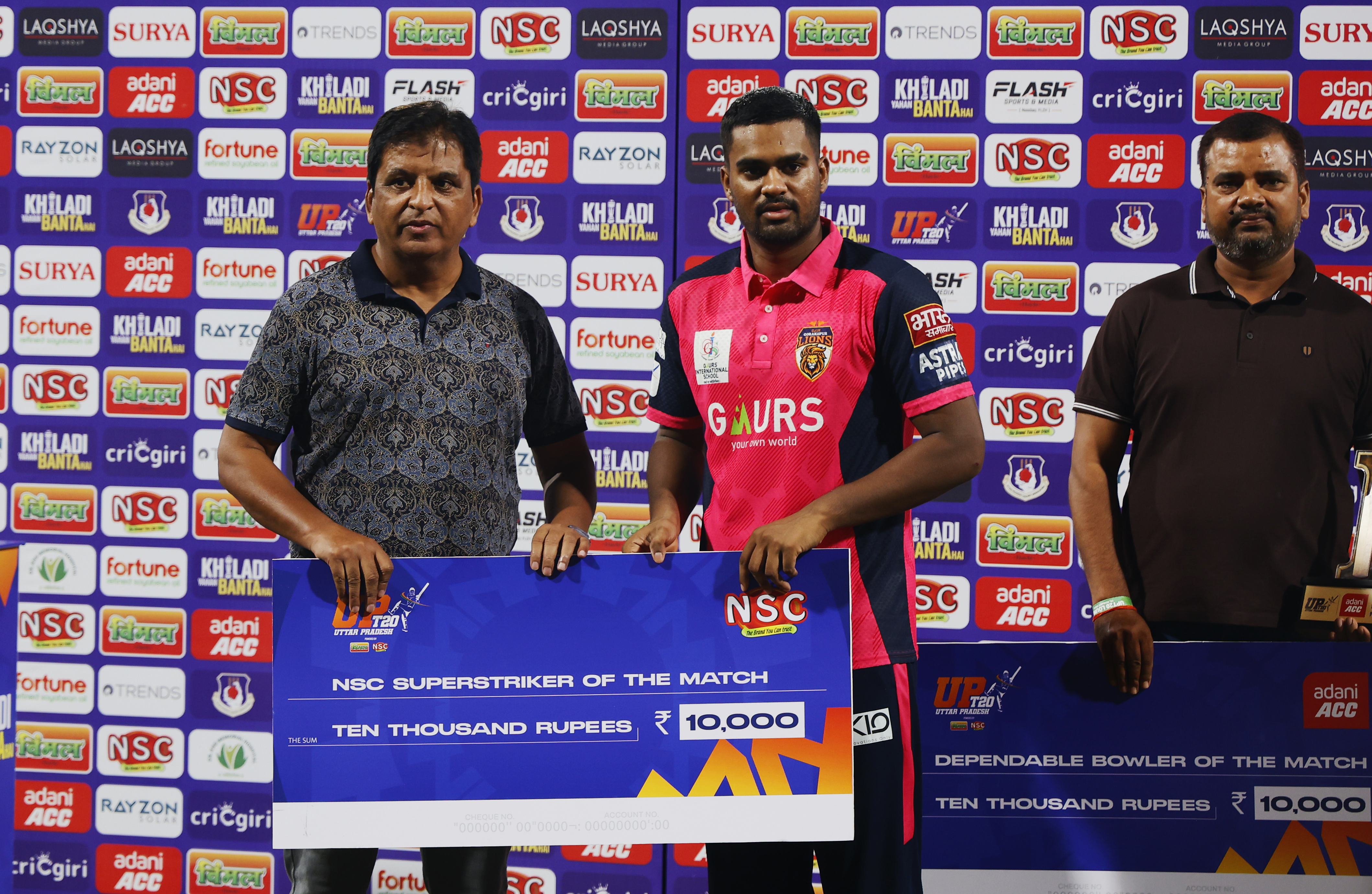 Siddharth Yadav of Gaur Gorakhpur Lions receiving NSC Super Striker of the Match award during the UPT20 League Season 4 evening clash on 15 August 2026 at Bharat Ratna Shri Atal Bihari Vajpayee Ekana Cricket Stadium, Lucknow, Uttar Pradesh, India, Lucknow Falcons face Gaur Gorakhpur Lions in Match 3 under lights as the league’s double‑header day closes with high‑tempo T20 cricket.Photos by: s Saikat Das / aceimages.in for UPT20